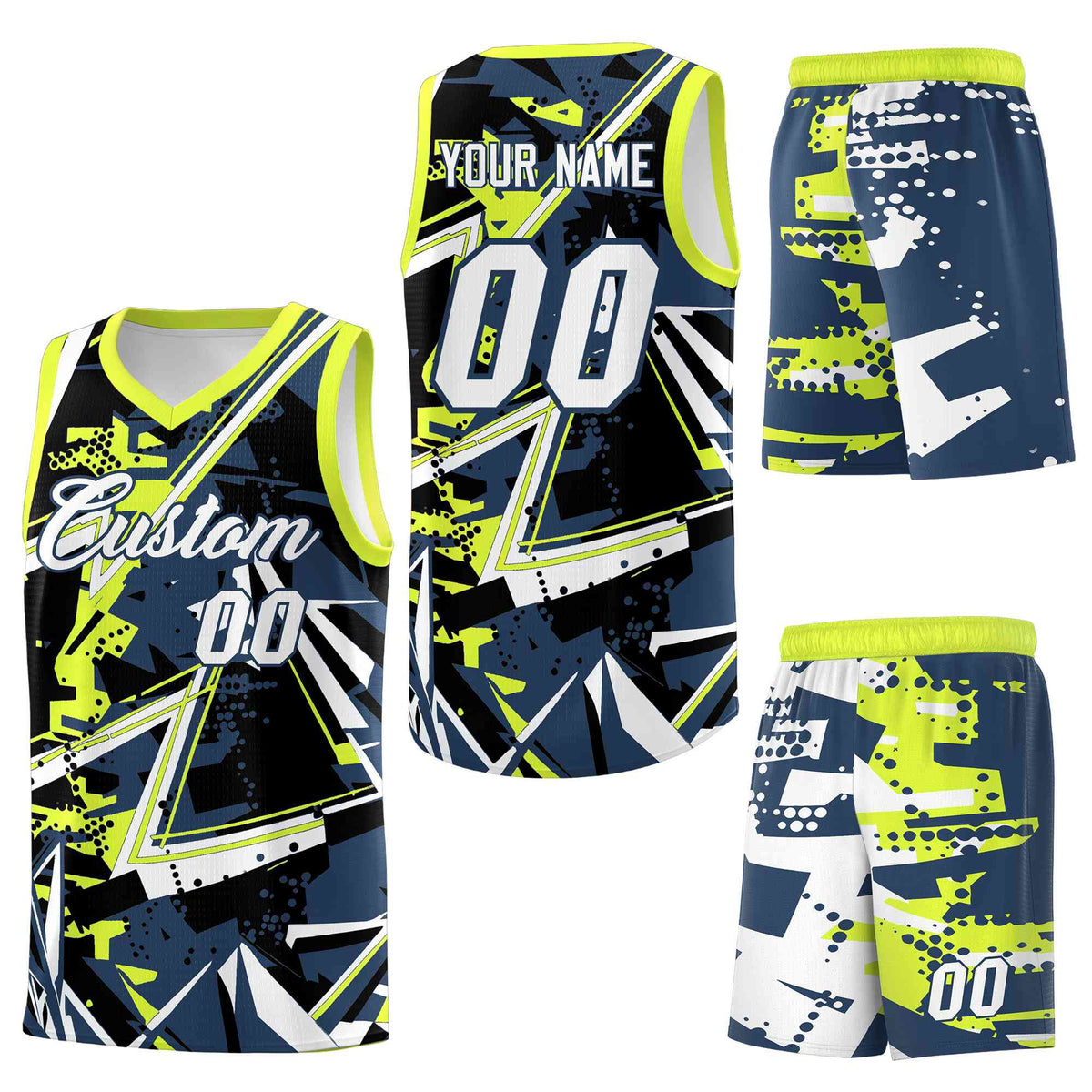 Custom Youth Basketball Jerseys Midnight Blue Fluorescent Green Abstract Graffiti Urban Style Personalized Uniform