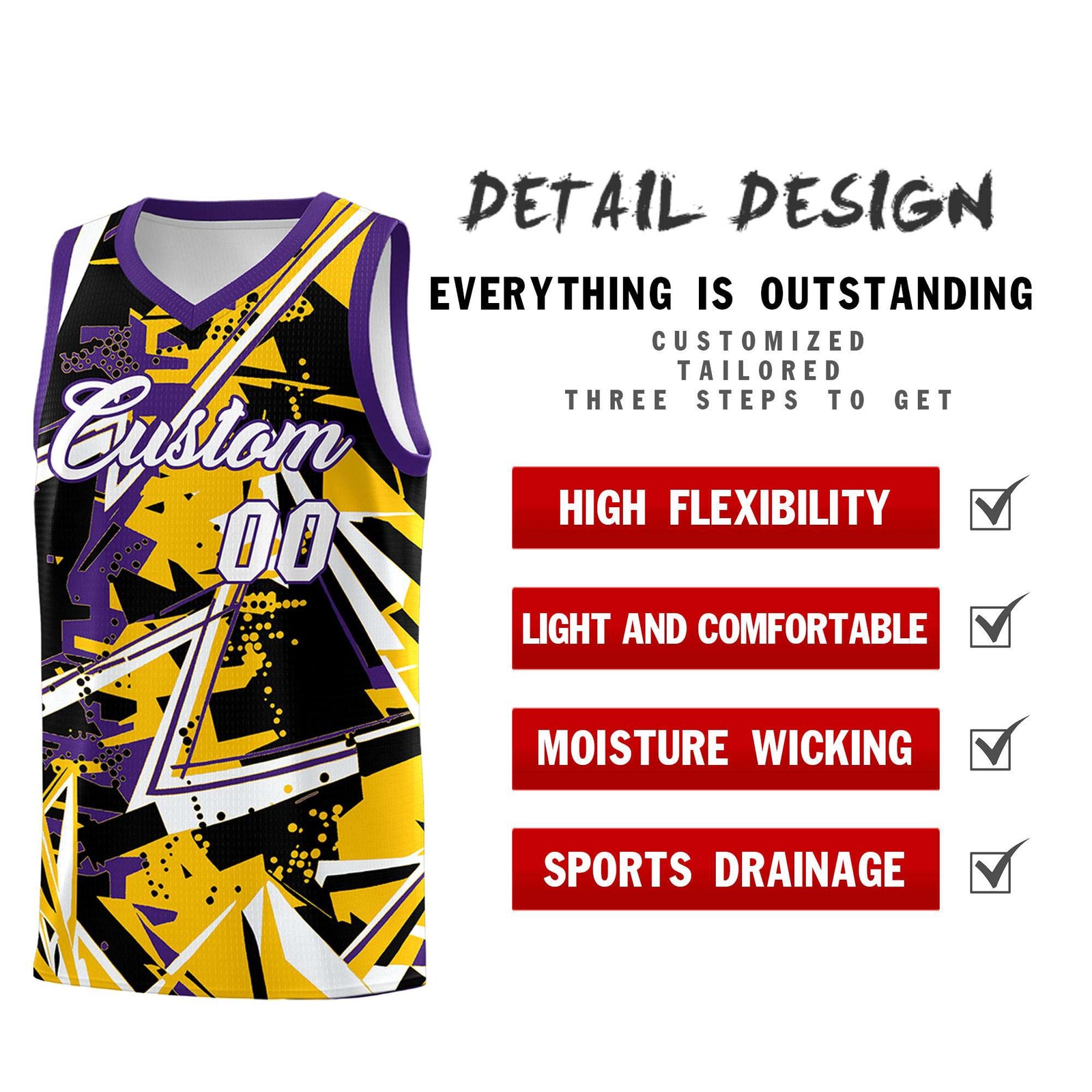 Custom Youth Basketball Jerseys Yellow Purple Abstract Graffiti Personalized Team Name & Number