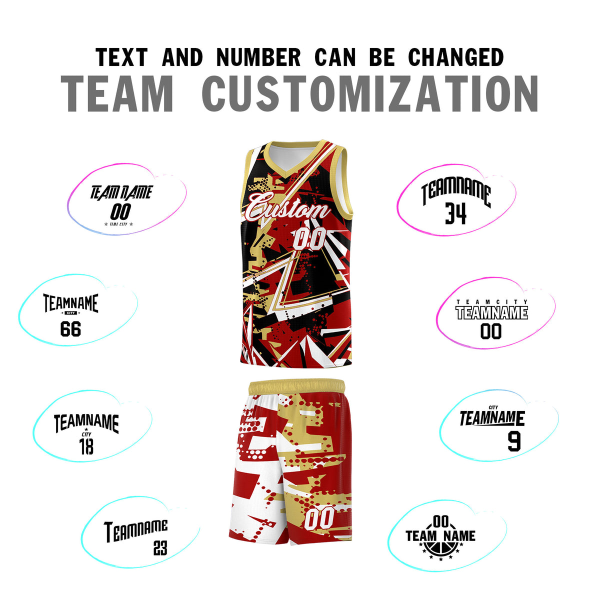 Custom Youth Basketball Jerseys Red Old Gold Abstract Graffiti Personalized Team Name &amp; Number