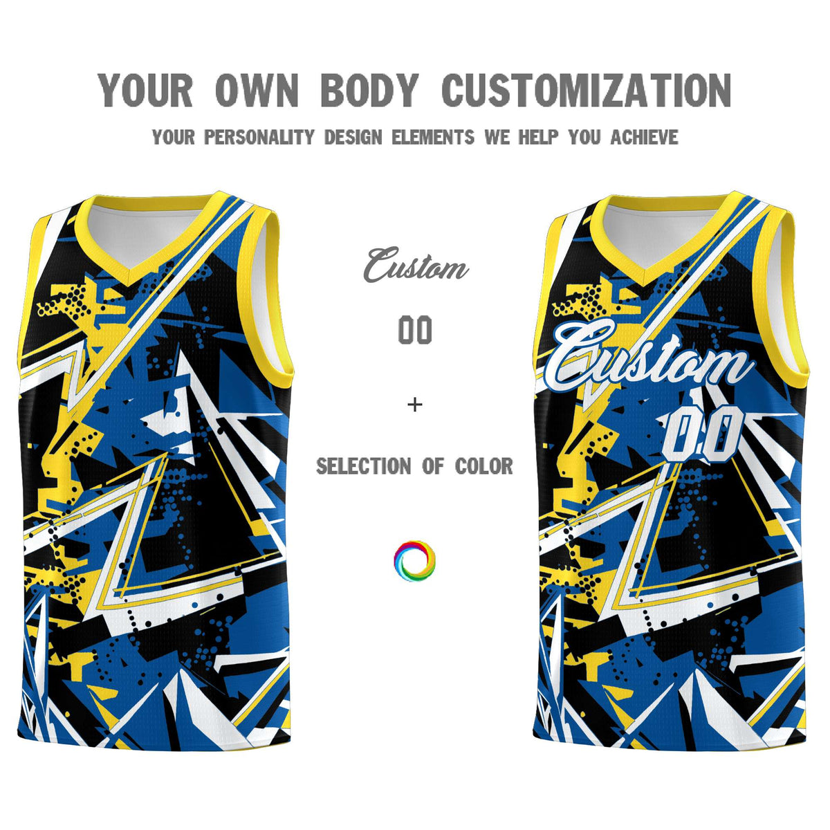 Custom Youth Basketball Jerseys Royal Gold Abstract Graffiti Personalized Team Name & Number