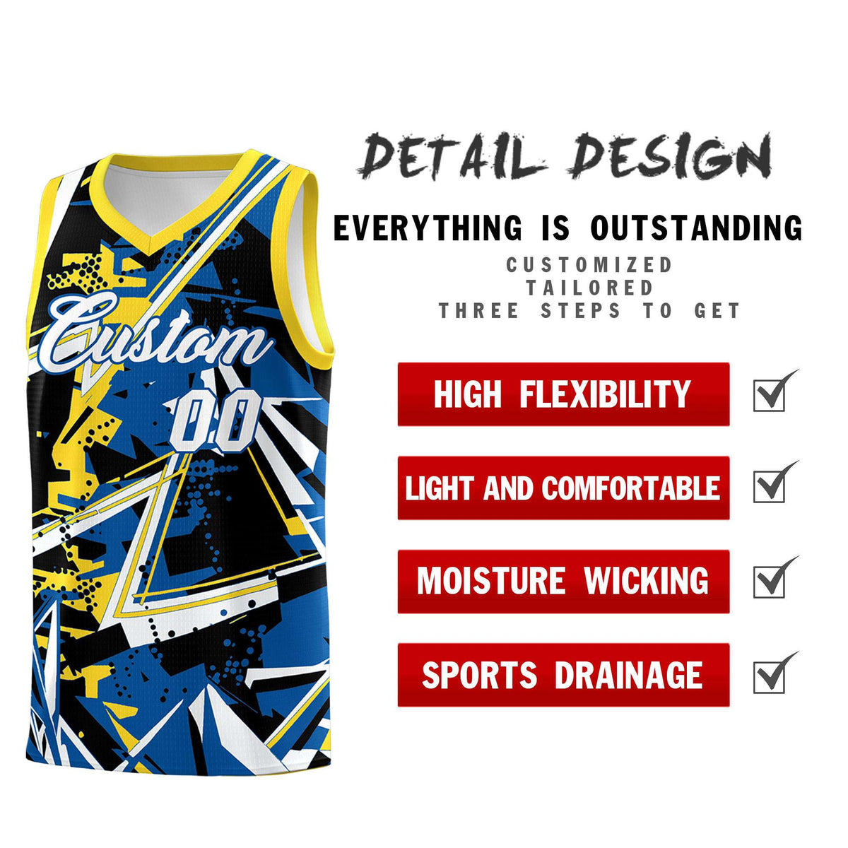 Custom Youth Basketball Jerseys Royal Gold Abstract Graffiti Personalized Team Name & Number