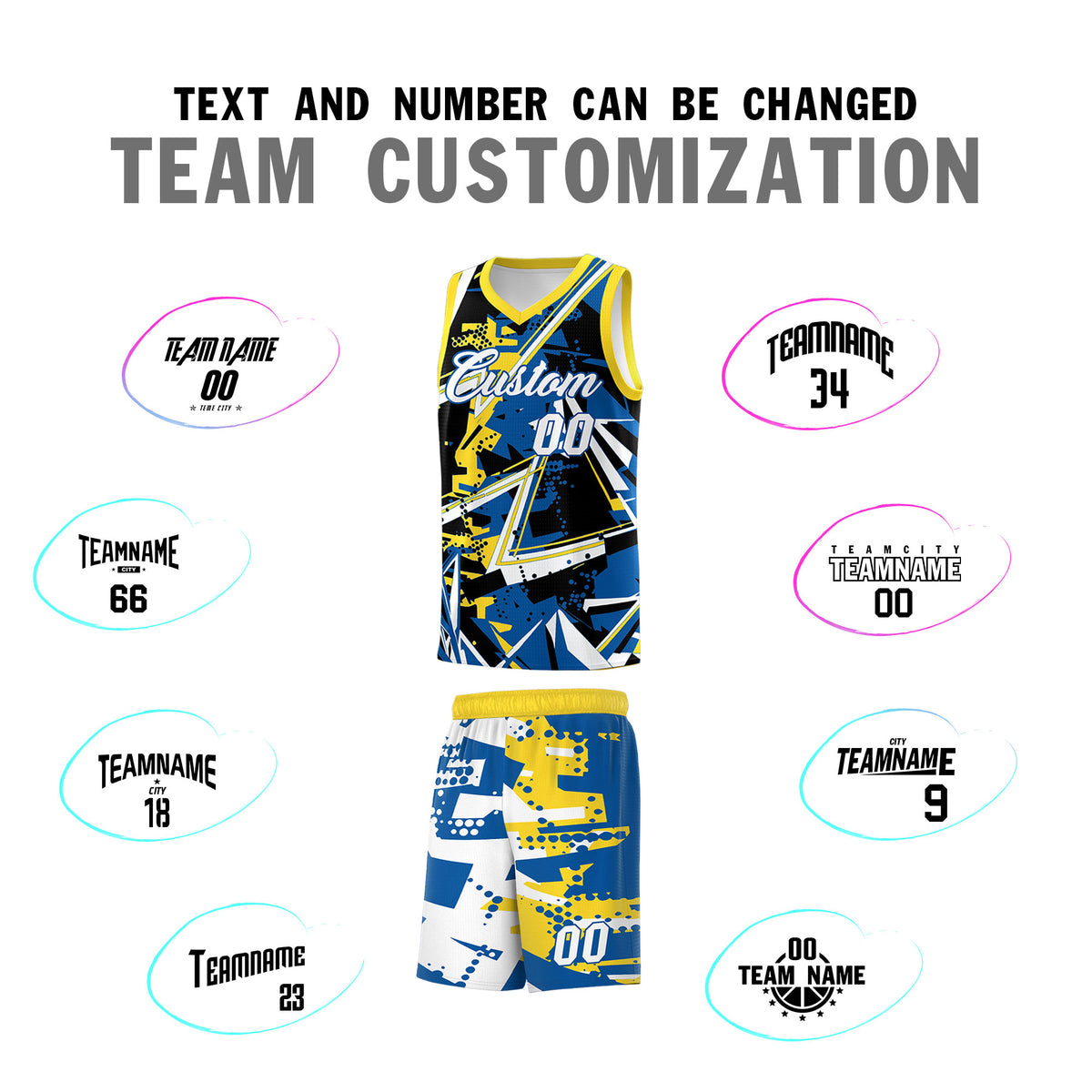 Custom Youth Basketball Jerseys Royal Gold Abstract Graffiti Personalized Team Name & Number