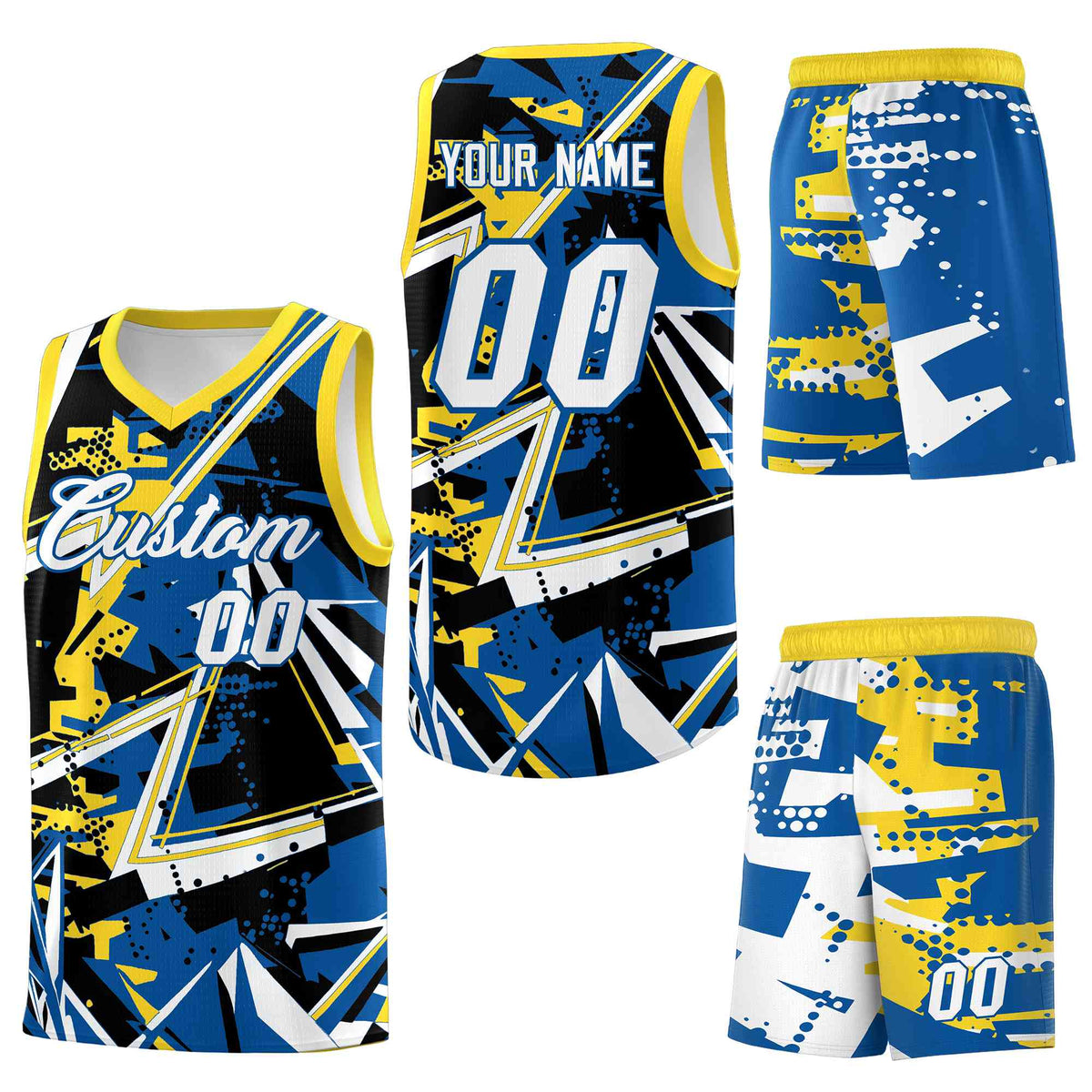 Custom Youth Basketball Jerseys Royal Gold Abstract Graffiti Personalized Team Name &amp; Number