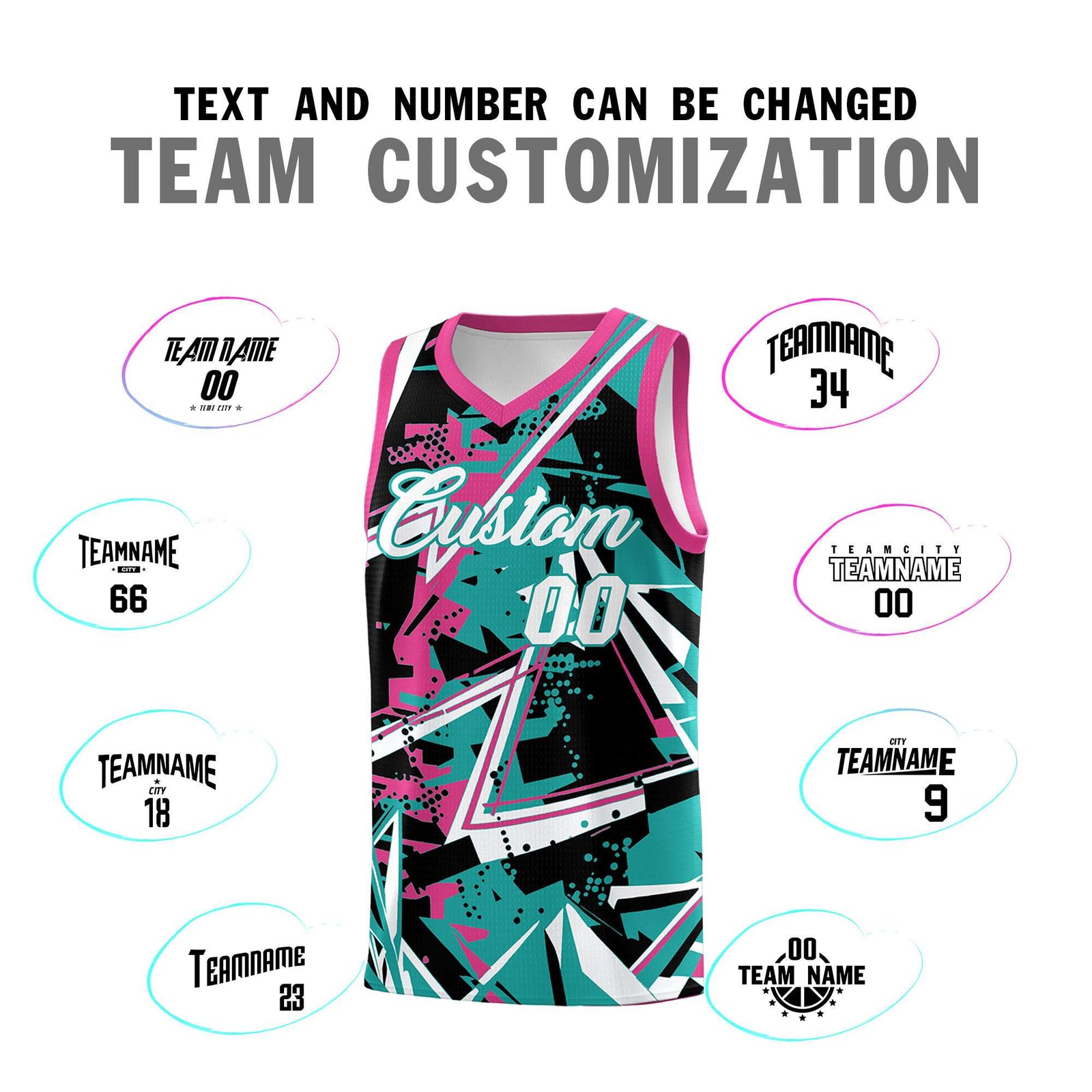 Custom Youth Basketball Jerseys Aqua Rose Red Abstract Graffiti Urban Style Personalized Uniform