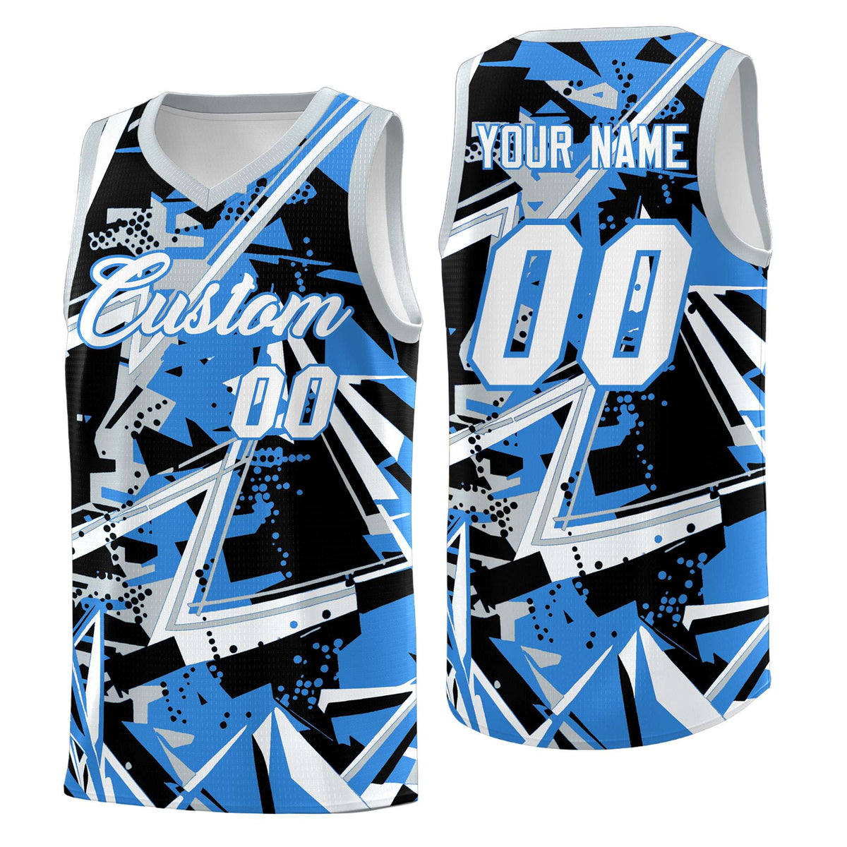 Custom Youth Basketball Jerseys Light Blue Silver Abstract Graffiti Personalized Team Name &amp; Number