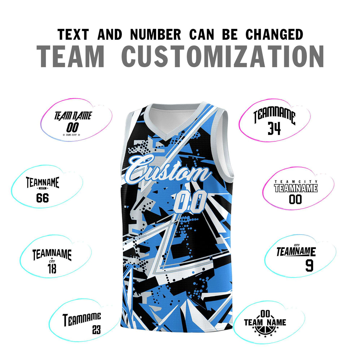 Custom Youth Basketball Jerseys Light Blue Silver Abstract Graffiti Personalized Team Name &amp; Number