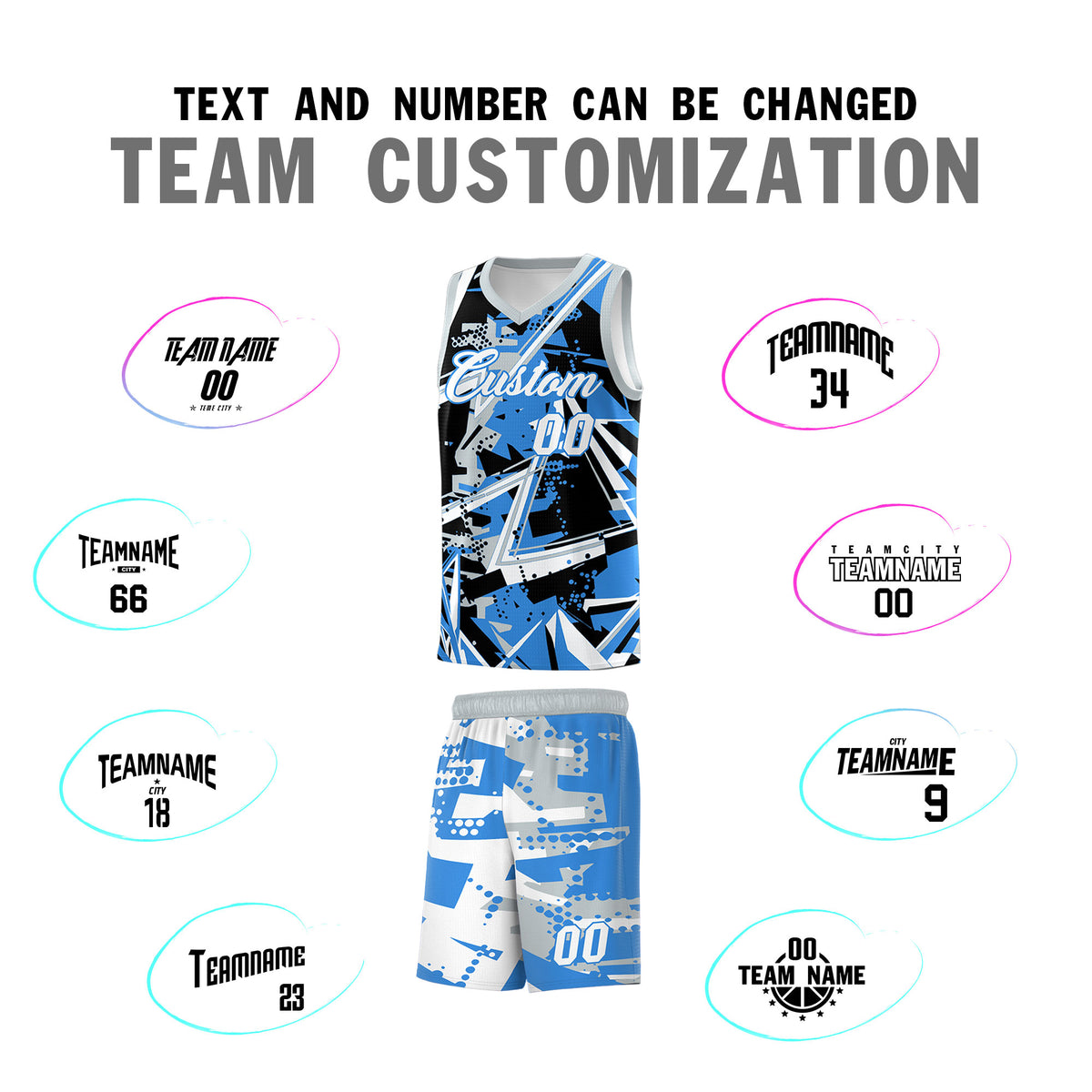 Custom Youth Basketball Jerseys Light Blue Silver Abstract Graffiti Personalized Team Name &amp; Number