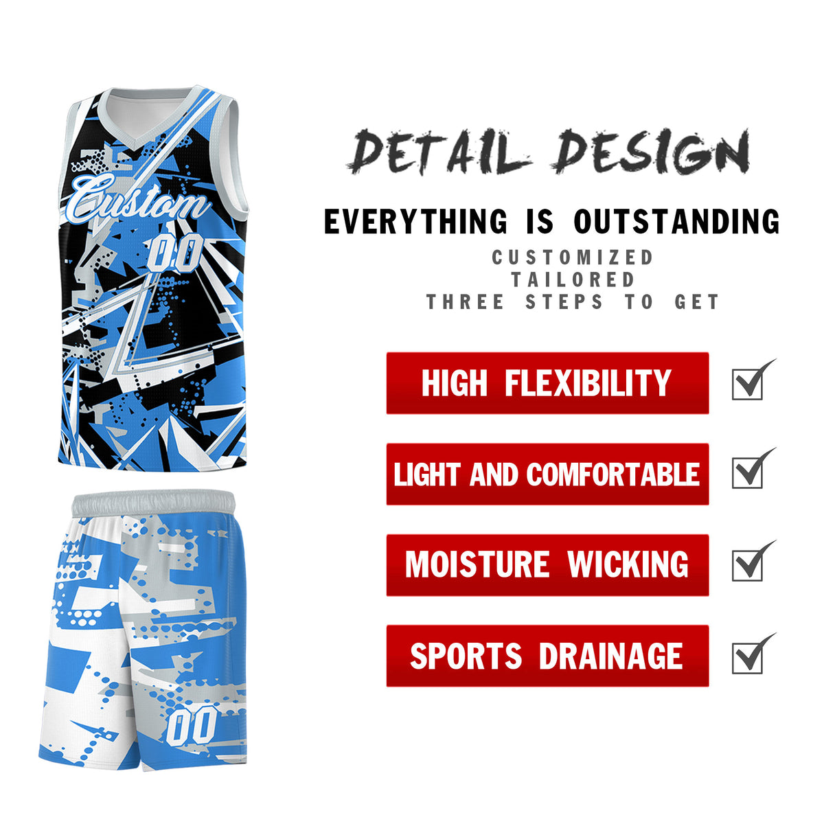 Custom Youth Basketball Jerseys Light Blue Silver Abstract Graffiti Personalized Team Name &amp; Number