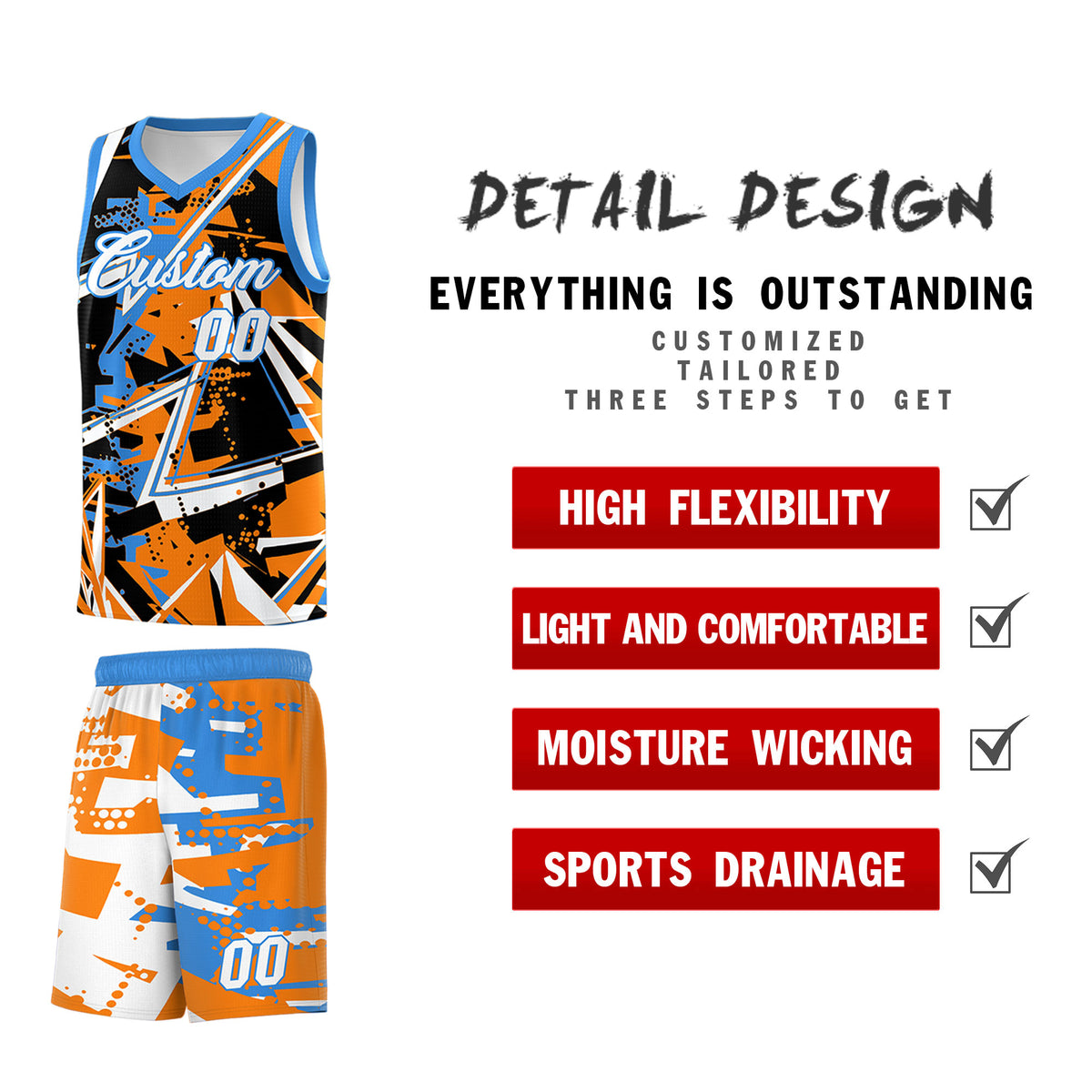 Custom Youth Basketball Jerseys Orange Light Blue Abstract Graffiti Personalized Street Style Uniform
