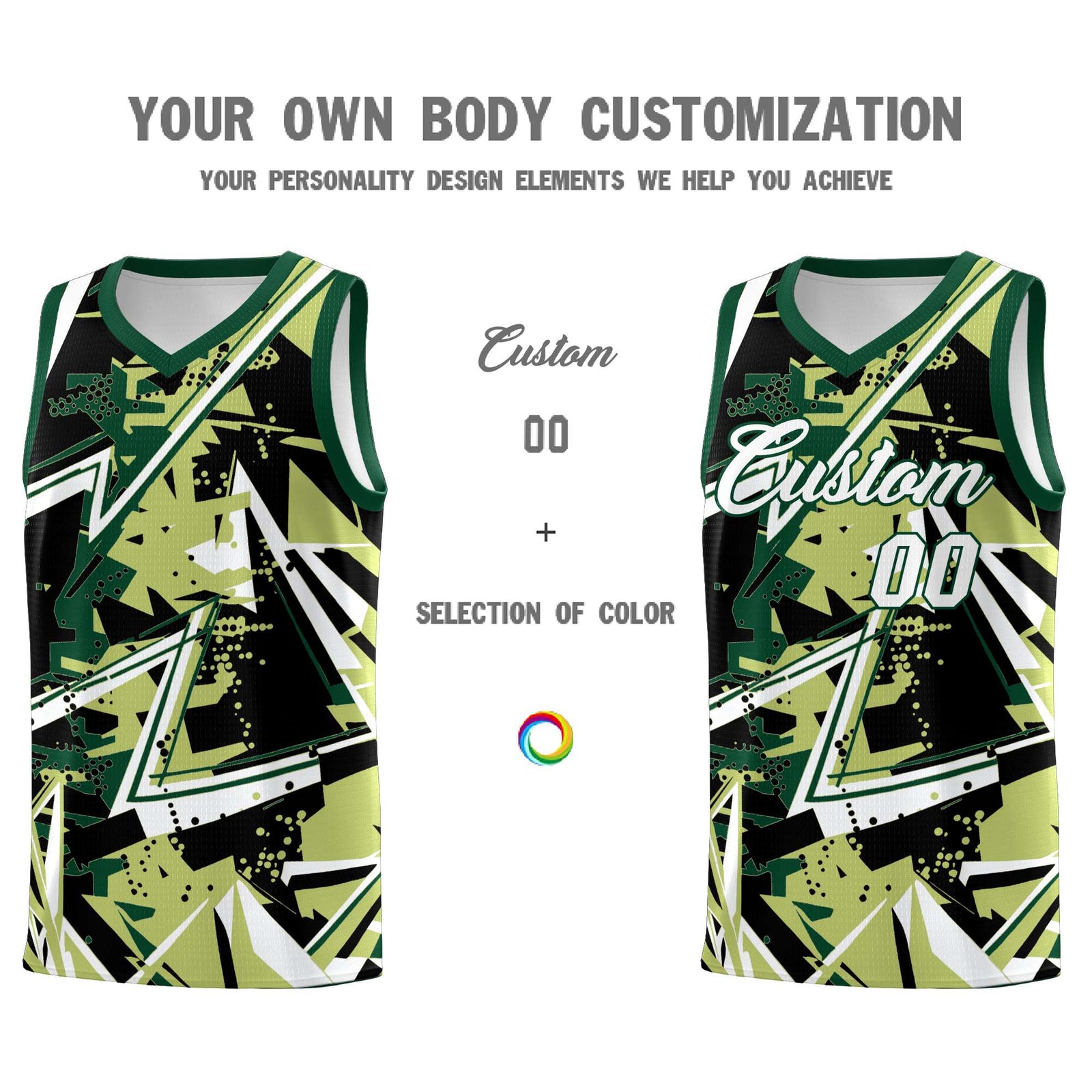 Custom Youth Basketball Jerseys Champagne Kelly Green Abstract Graffiti Urban Style Personalized Uniform