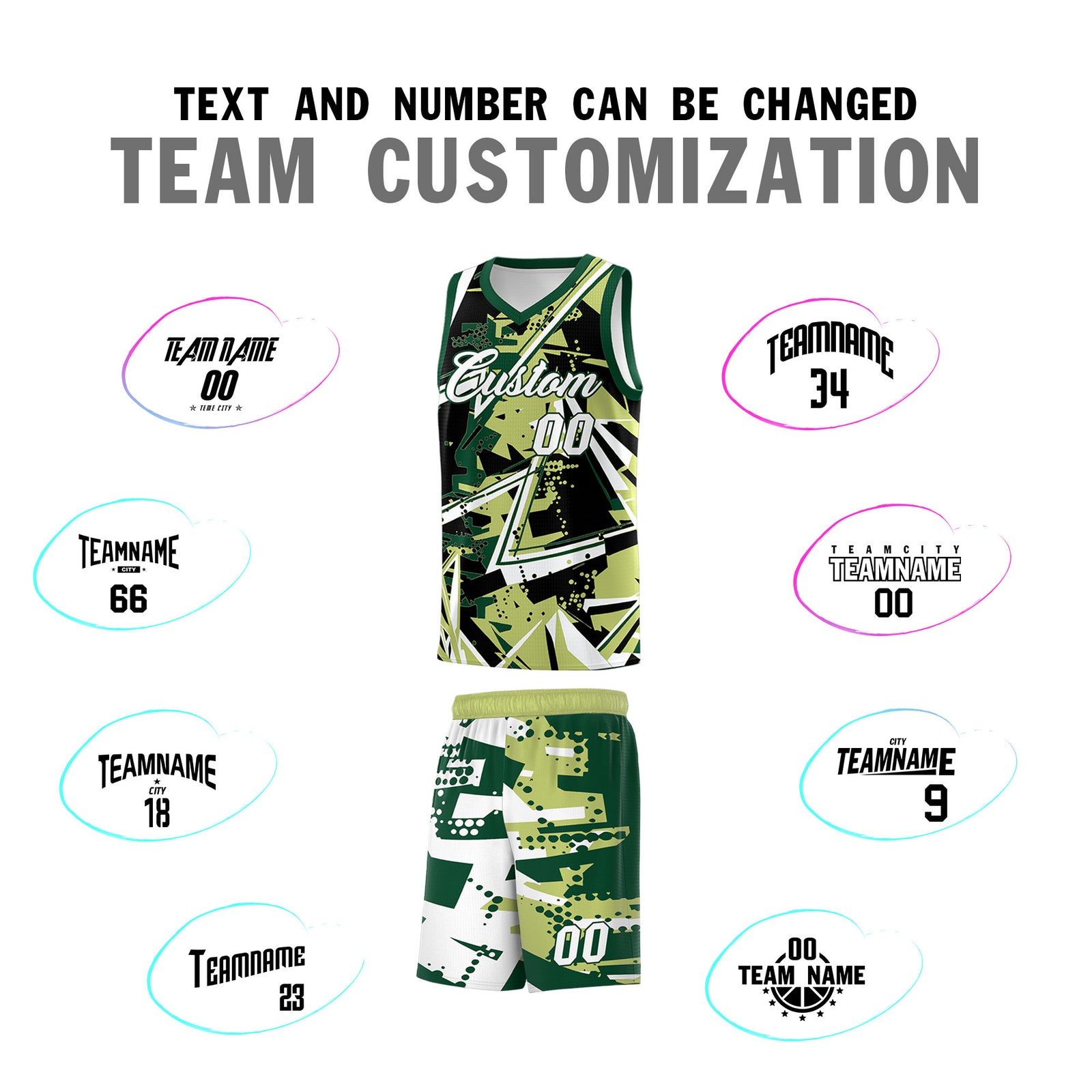 Custom Youth Basketball Jerseys Champagne Kelly Green Abstract Graffiti Urban Style Personalized Uniform