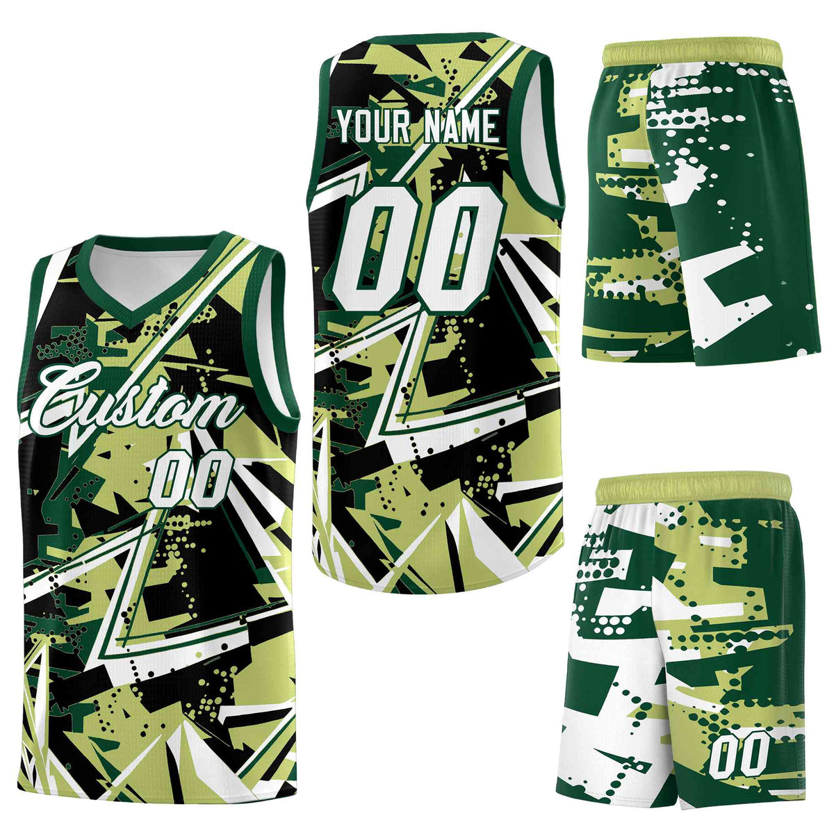 Custom Youth Basketball Jerseys Champagne Kelly Green Abstract Graffiti Urban Style Personalized Uniform