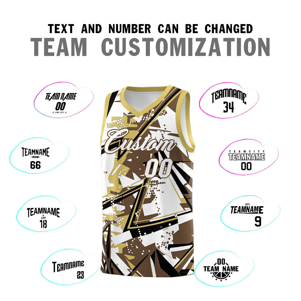 Custom Youth Basketball Jerseys Light Brown Old Gold Abstract Graffiti Personalized Team Name &amp; Number