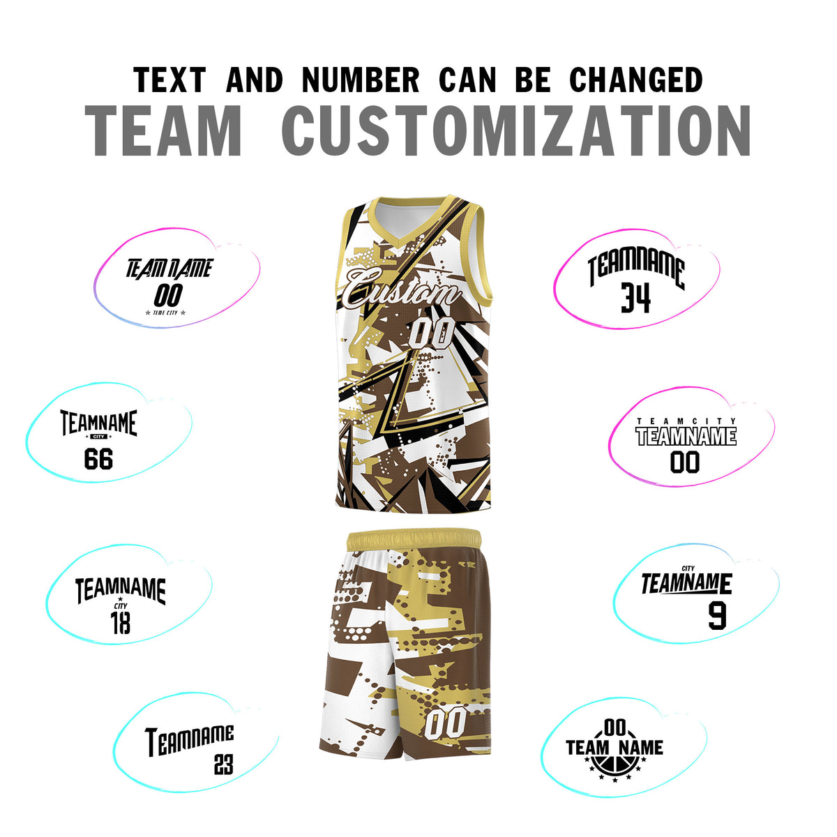 Custom Youth Basketball Jerseys Light Brown Old Gold Abstract Graffiti Personalized Team Name &amp; Number