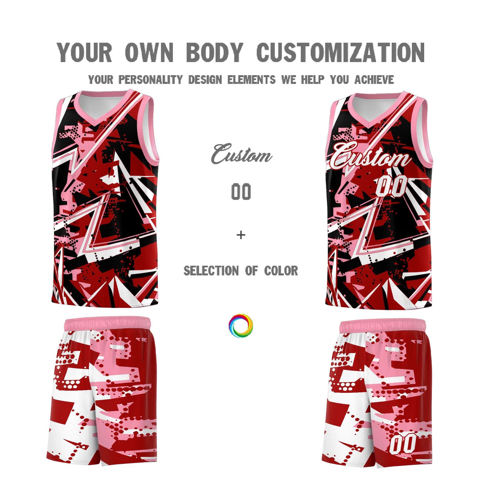 Custom Youth Basketball Jerseys Red Light Pink Abstract Graffiti Personalized Street Style Uniform