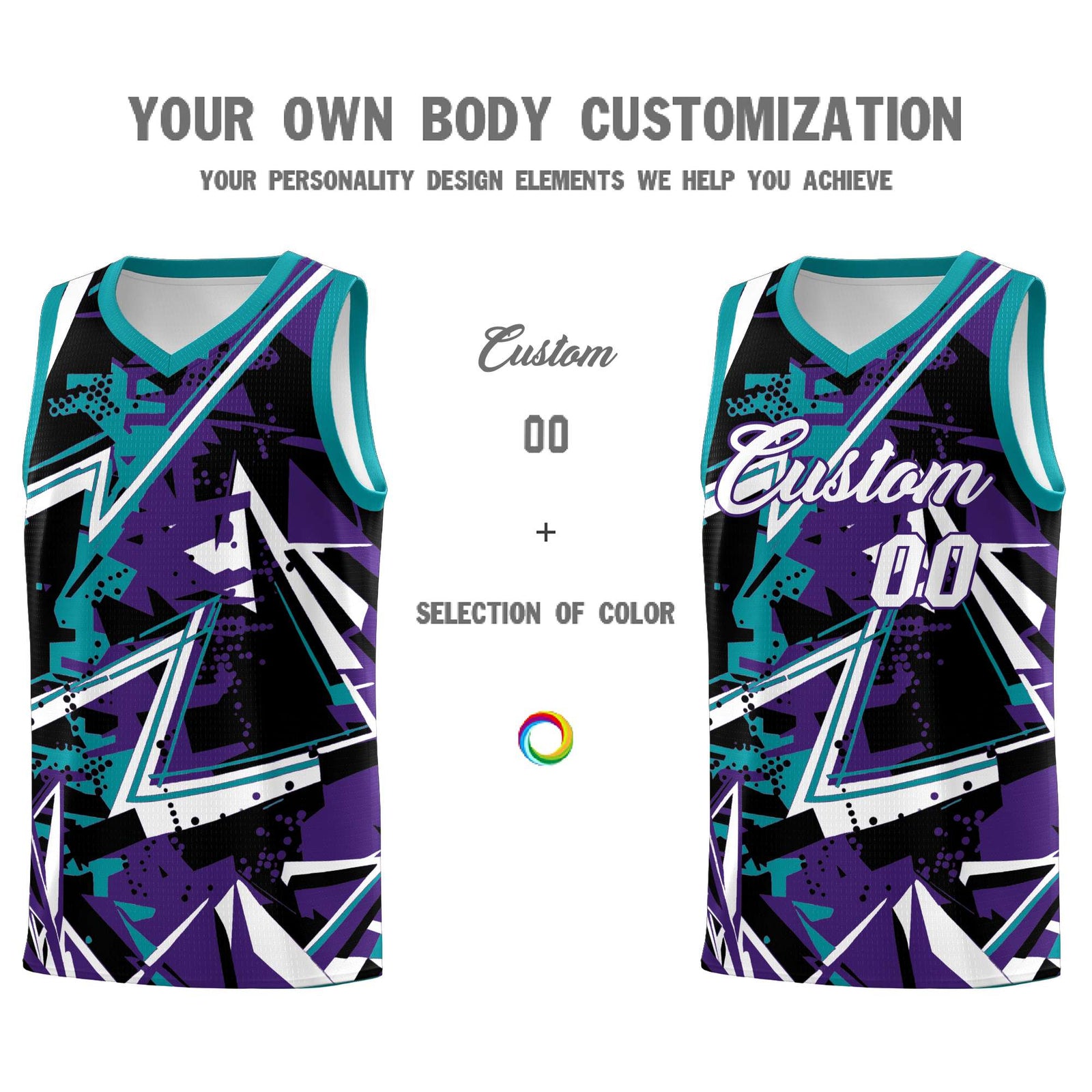Custom Youth Basketball Jerseys Purple Teal Abstract Graffiti Urban Style Personalized Uniform