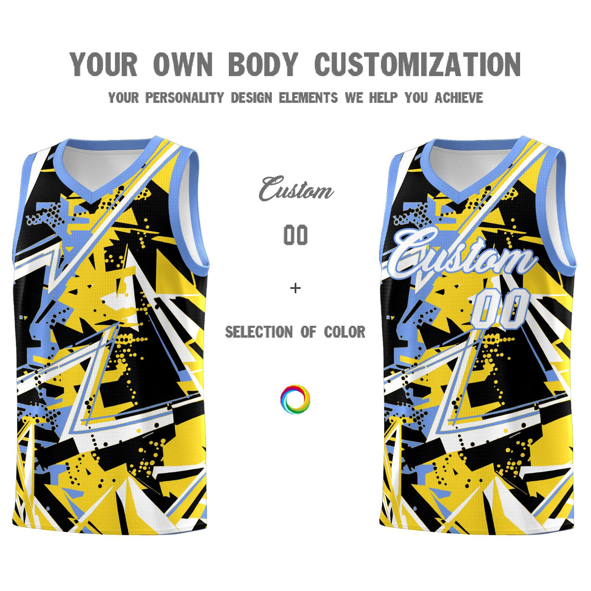 Custom Youth Basketball Jerseys Gold Light Blue Abstract Graffiti Urban Style Personalized Uniform