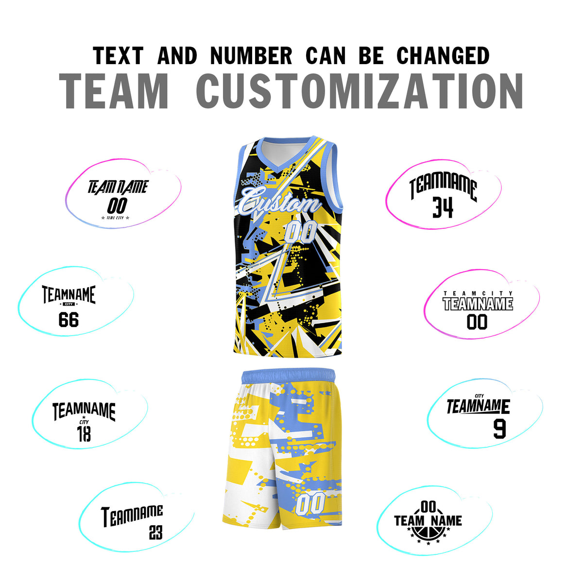 Custom Youth Basketball Jerseys Gold Light Blue Abstract Graffiti Urban Style Personalized Uniform