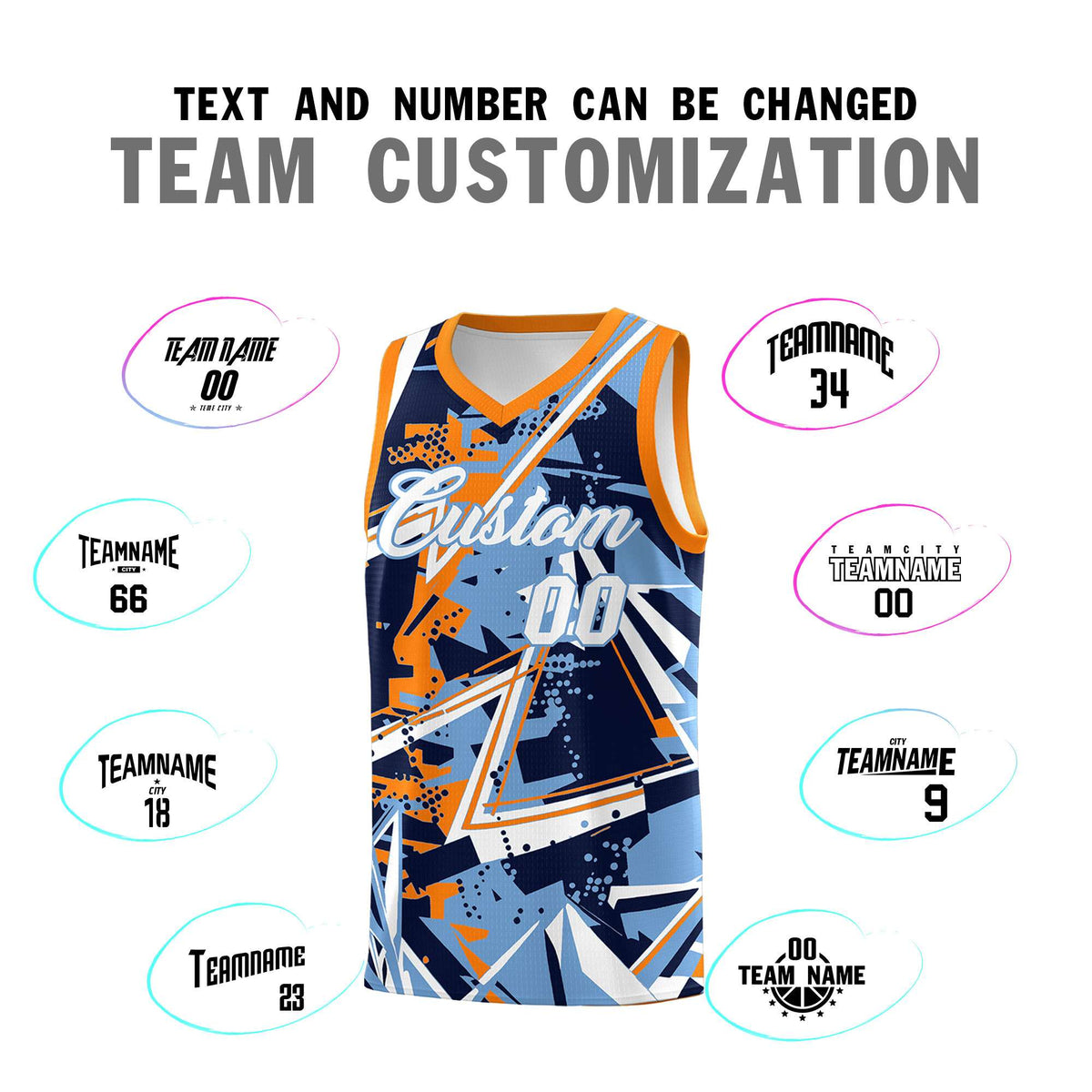 Custom Youth Basketball Jerseys Powder Blue Orange Abstract Graffiti Personalized Team Name &amp; Number