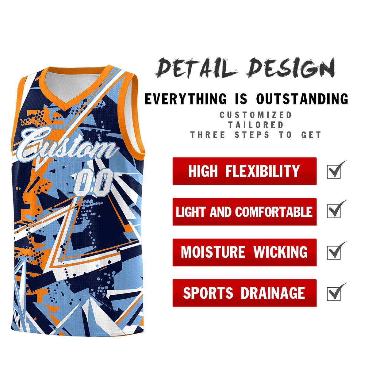 Custom Youth Basketball Jerseys Powder Blue Orange Abstract Graffiti Personalized Team Name &amp; Number