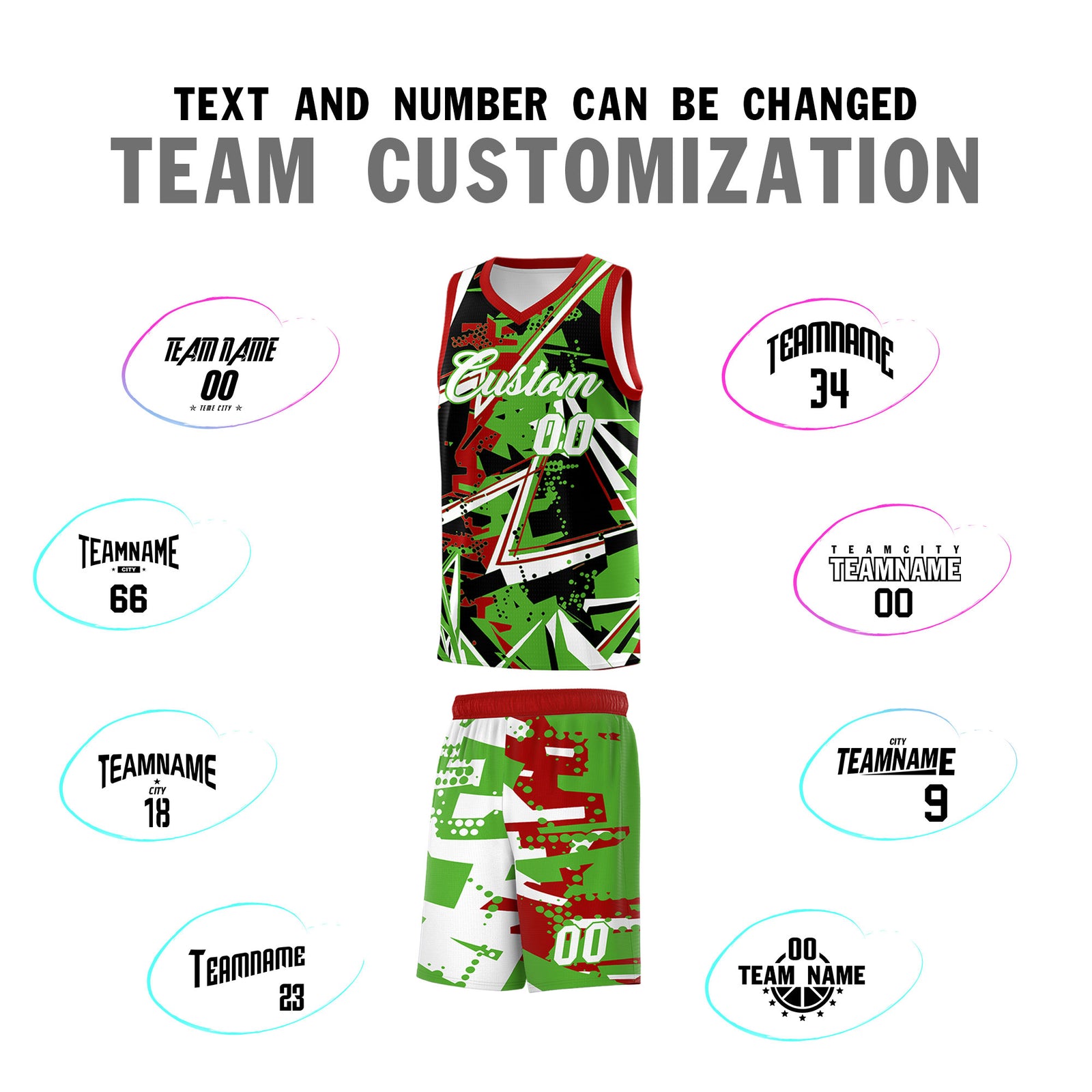 Custom Youth Basketball Jerseys Light Green Red Abstract Graffiti Urban Style Personalized Uniform
