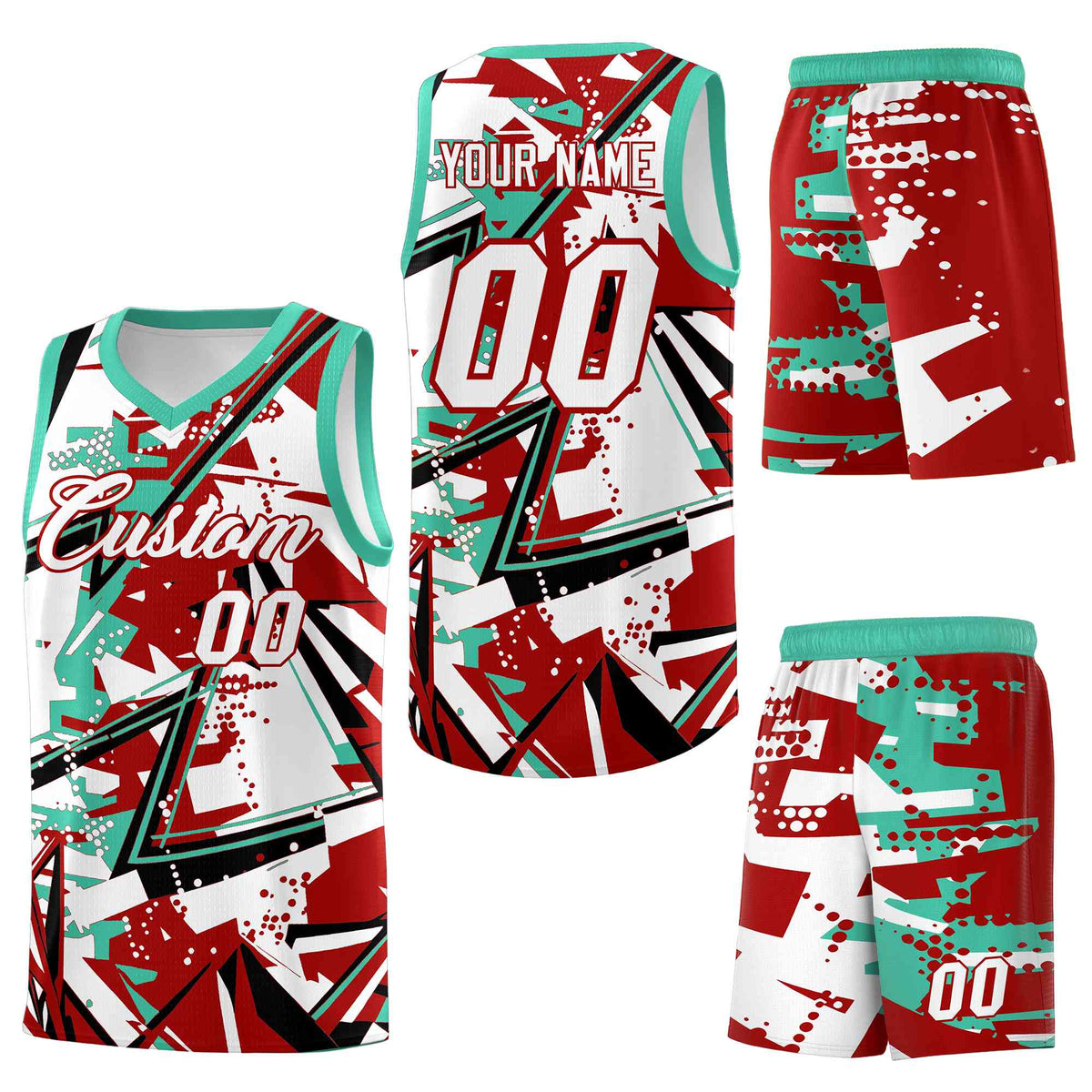 Custom Youth Basketball Jerseys Red Bright Green Abstract Graffiti Personalized Team Name &amp; Number