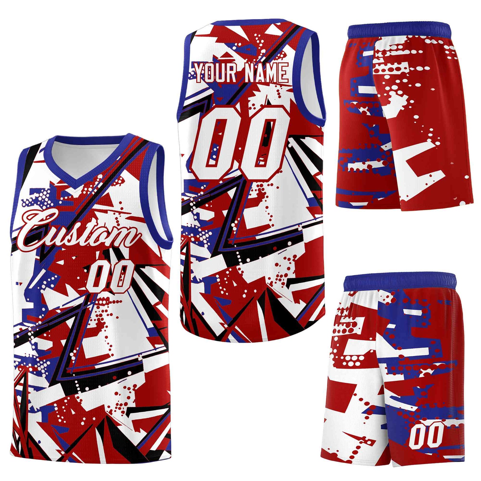 Custom Youth Basketball Jerseys Red Royal Abstract Graffiti Personalized Street Style Uniform