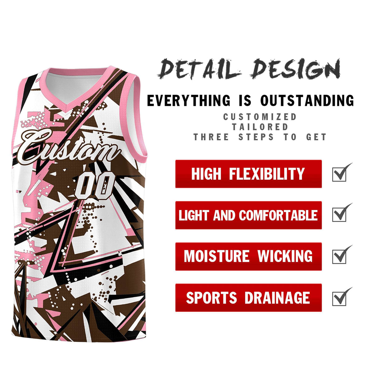 Custom Youth Basketball Jerseys Brown Light Pink Abstract Graffiti Urban Style Personalized Uniform