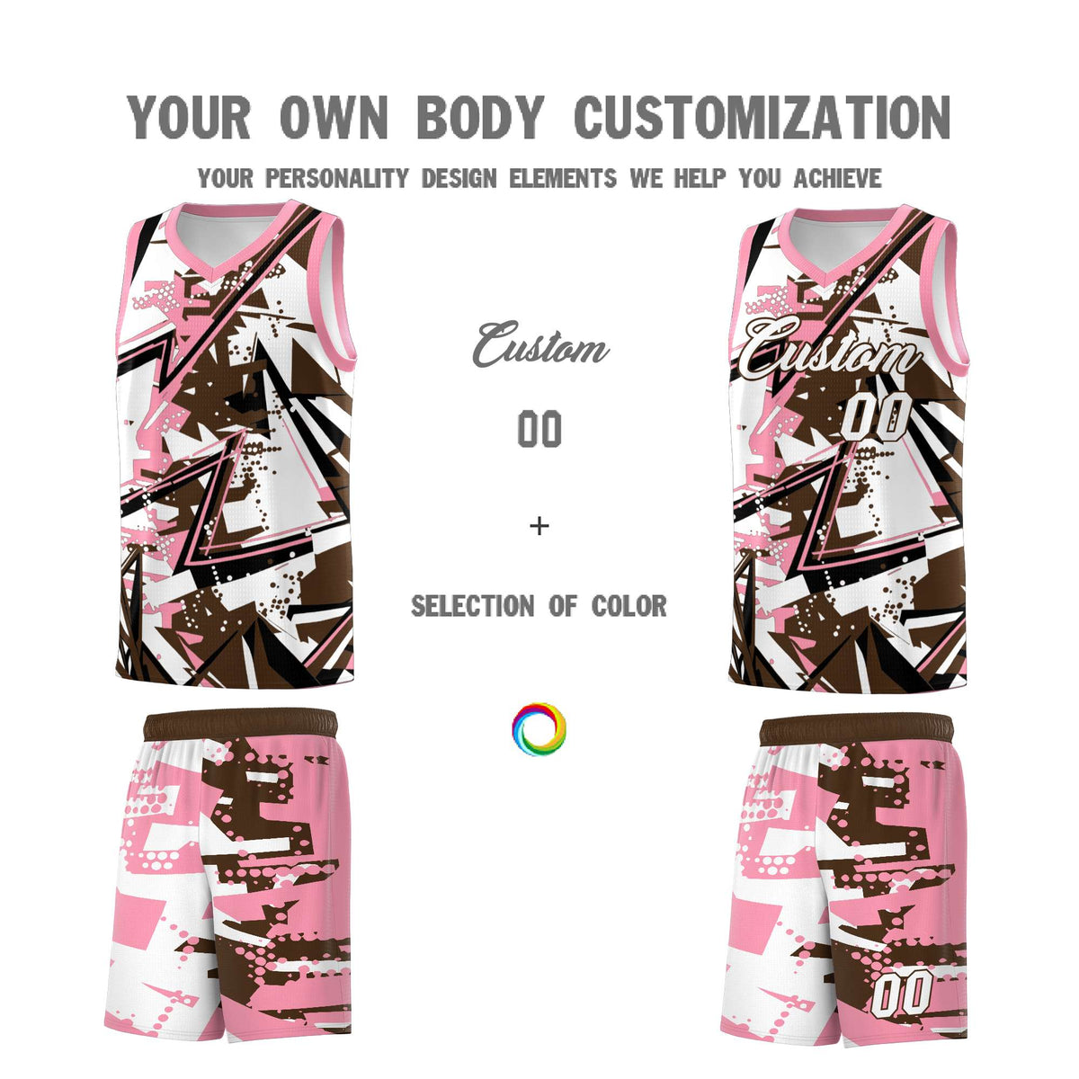 Custom Youth Basketball Jerseys Brown Light Pink Abstract Graffiti Urban Style Personalized Uniform