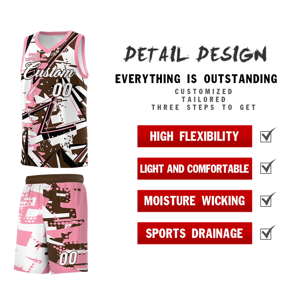 Custom Youth Basketball Jerseys Brown Light Pink Abstract Graffiti Urban Style Personalized Uniform