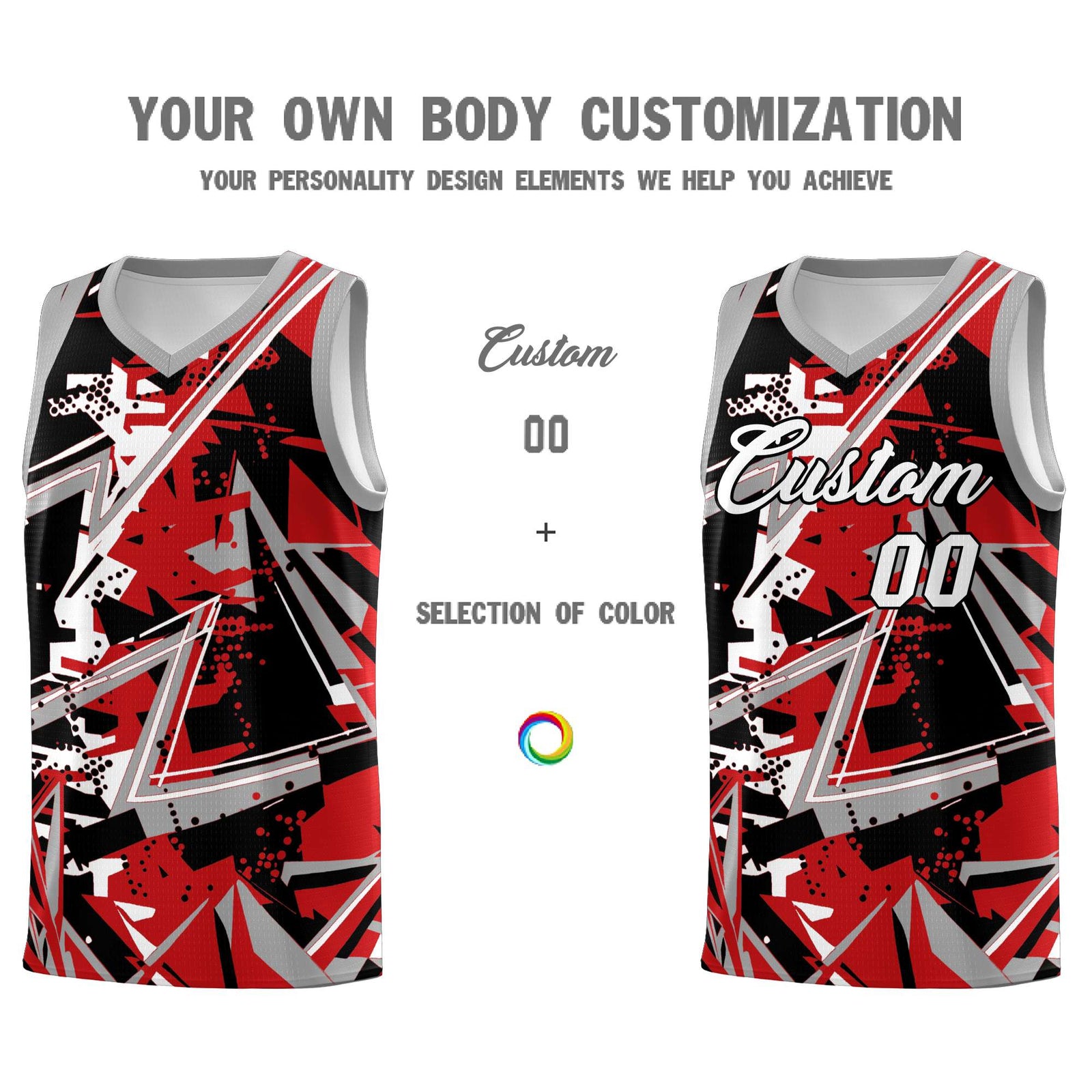 Custom Youth Basketball Jerseys Red Gray Abstract Graffiti Personalized Team Name & Number