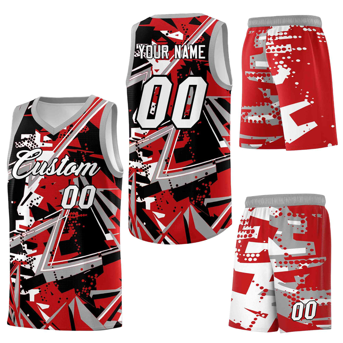Custom Youth Basketball Jerseys Red Gray Abstract Graffiti Personalized Team Name &amp; Number
