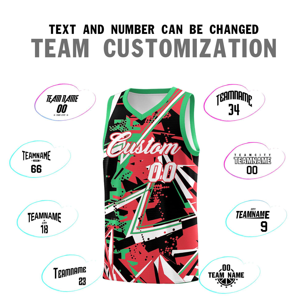 Custom Youth Basketball Jerseys Light Red Green Abstract Graffiti Urban Style Personalized Uniform