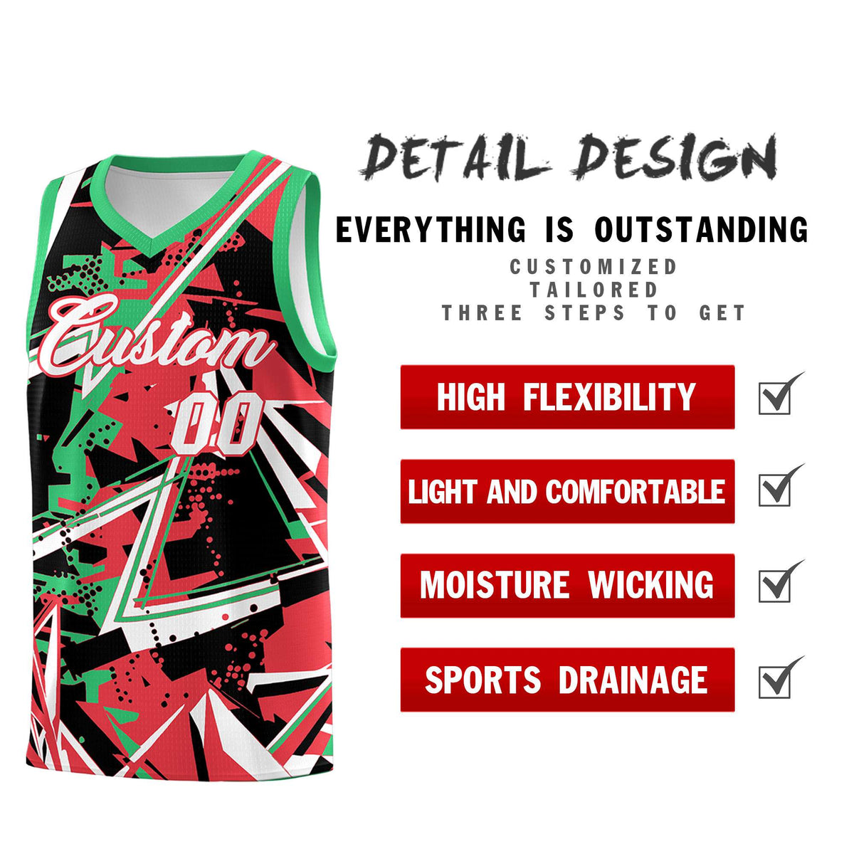 Custom Youth Basketball Jerseys Light Red Green Abstract Graffiti Urban Style Personalized Uniform