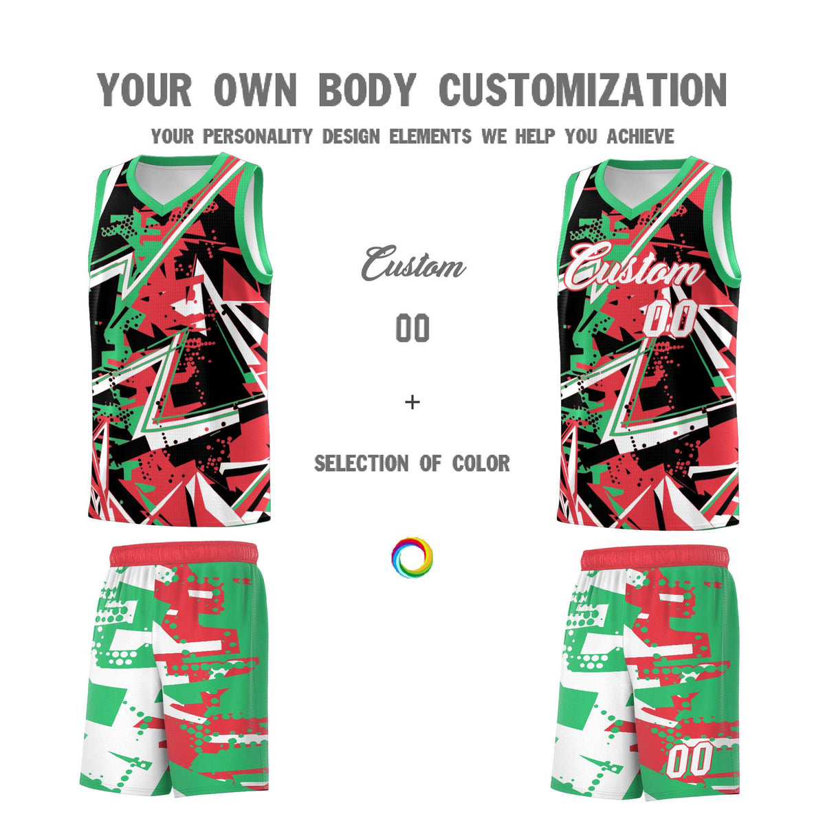 Custom Youth Basketball Jerseys Light Red Green Abstract Graffiti Urban Style Personalized Uniform