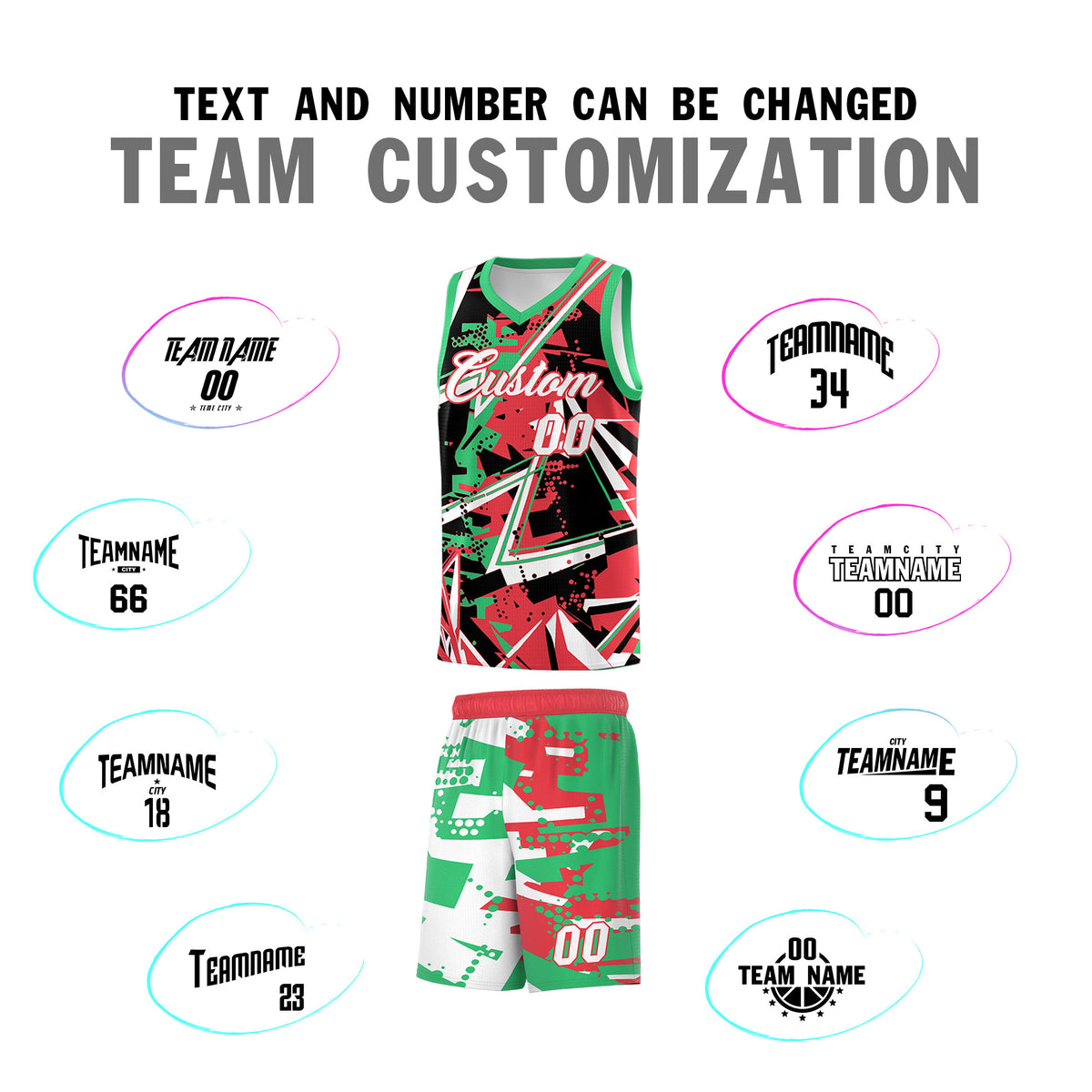 Custom Youth Basketball Jerseys Light Red Green Abstract Graffiti Urban Style Personalized Uniform