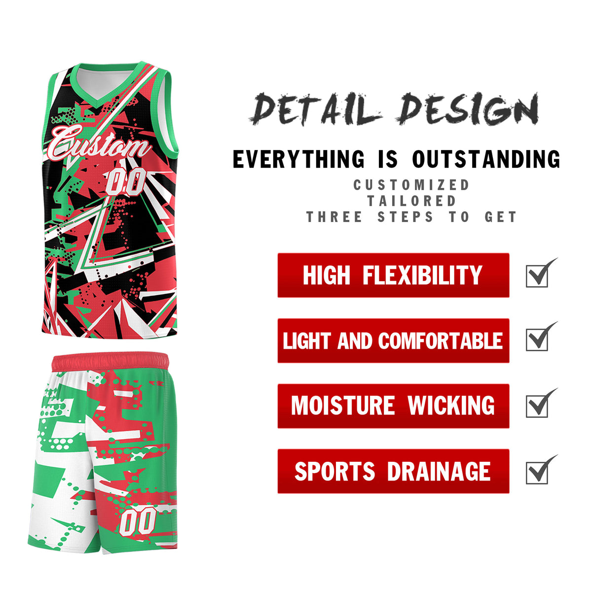 Custom Youth Basketball Jerseys Light Red Green Abstract Graffiti Urban Style Personalized Uniform