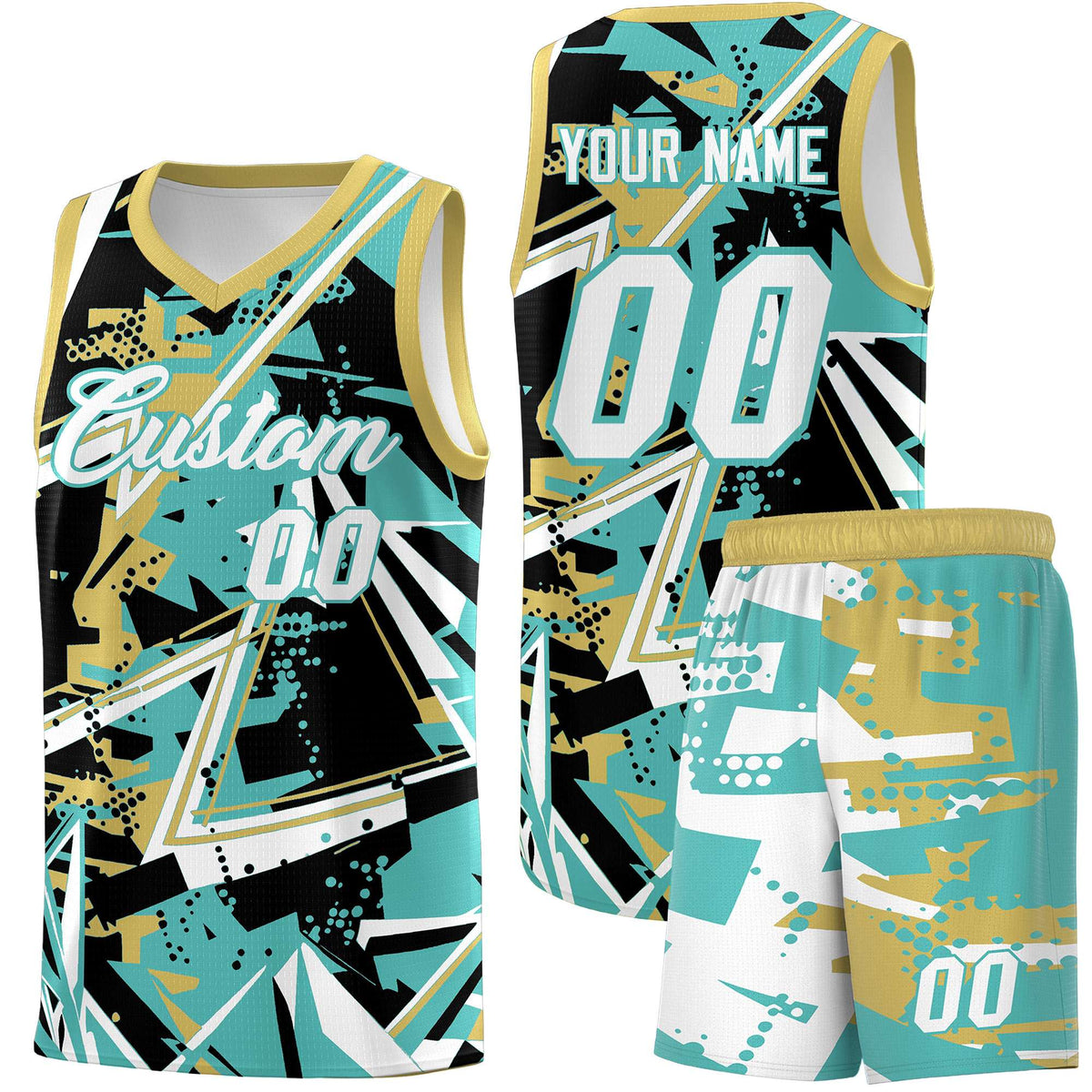 Custom Youth Basketball Jerseys Teal Old Gold Abstract Graffiti Personalized Street Style Uniform