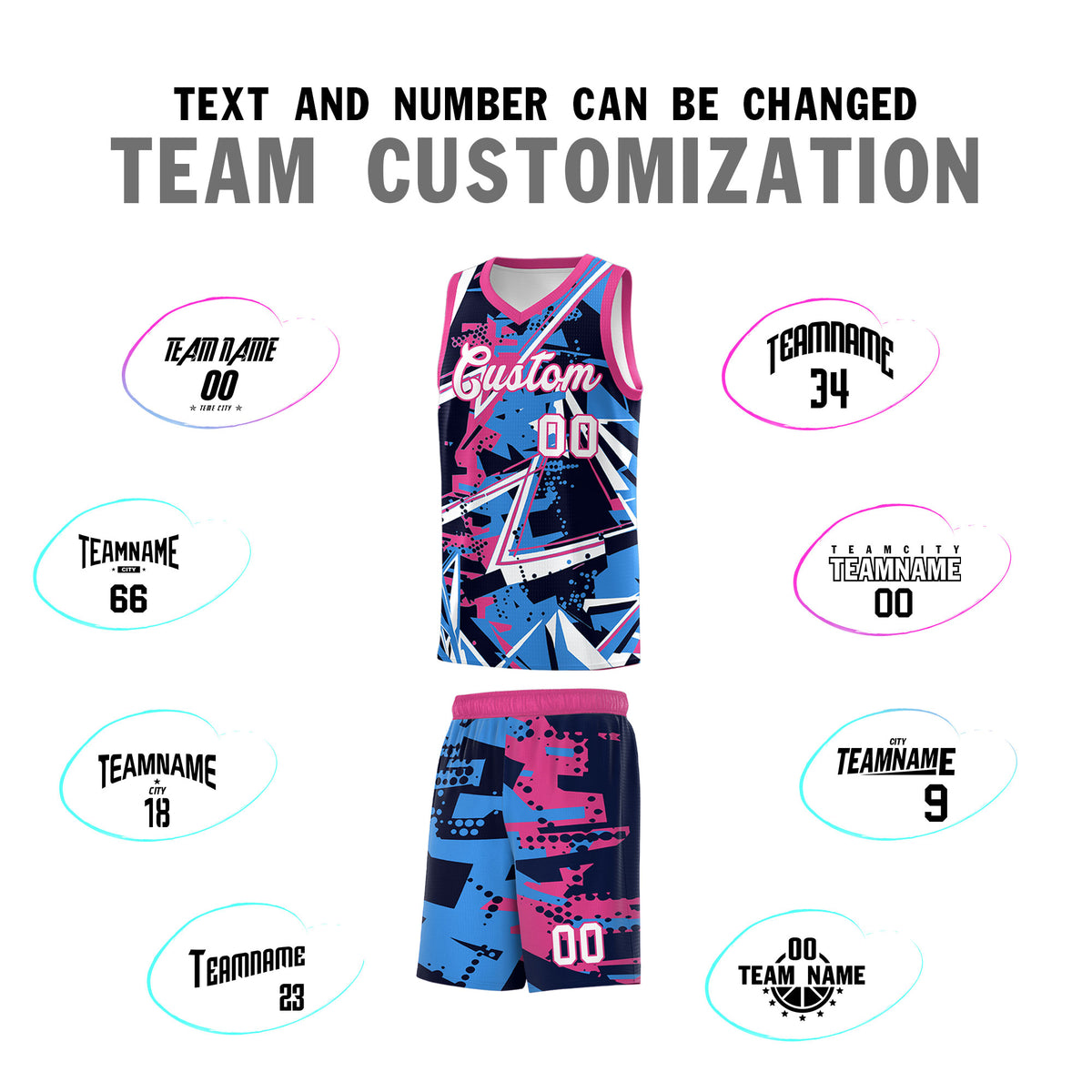 Custom Youth Basketball Jerseys Light Blue Pink Abstract Graffiti Personalized Street Style Uniform