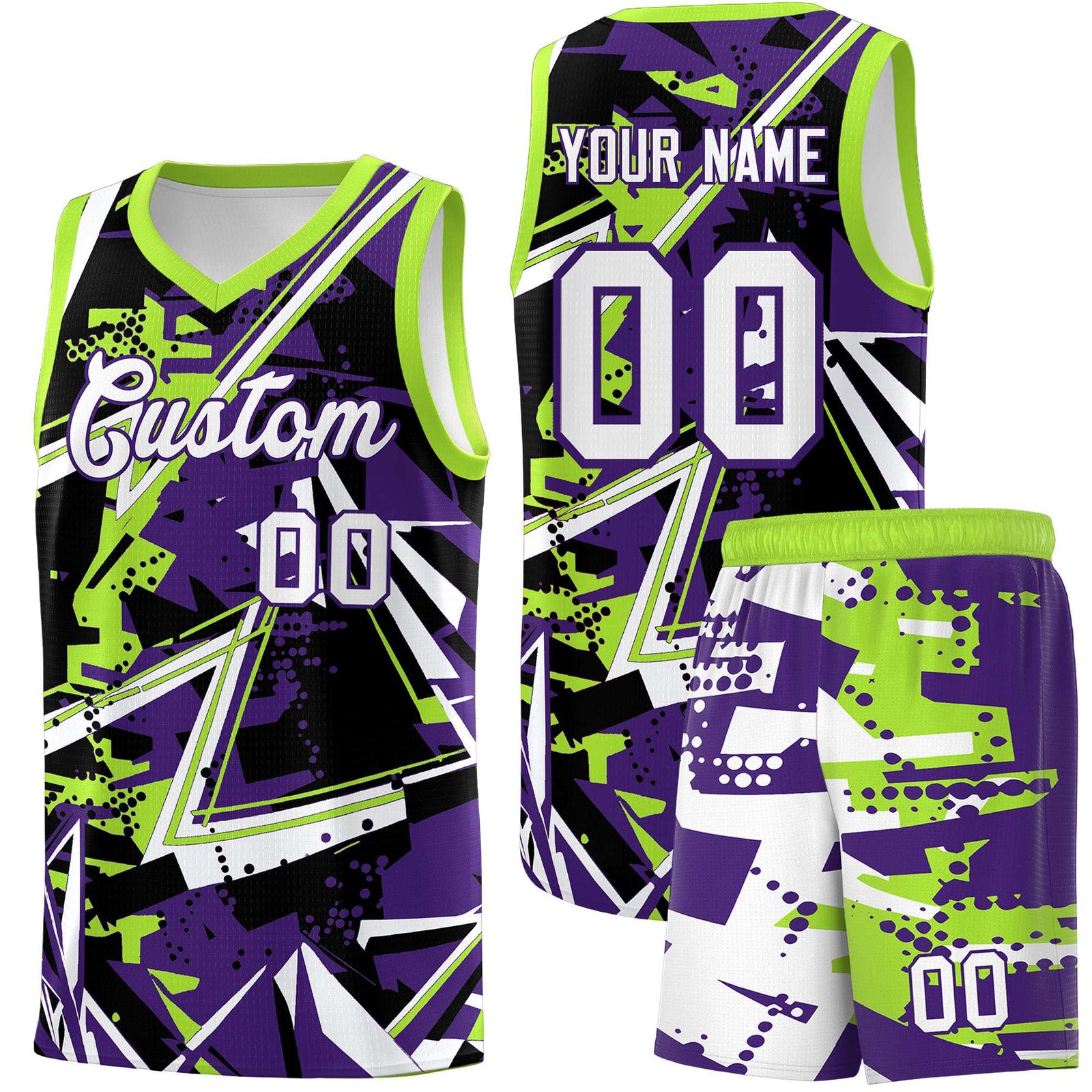 Custom Youth Basketball Jerseys Purple Neon Green Abstract Graffiti Personalized Team Name & Number