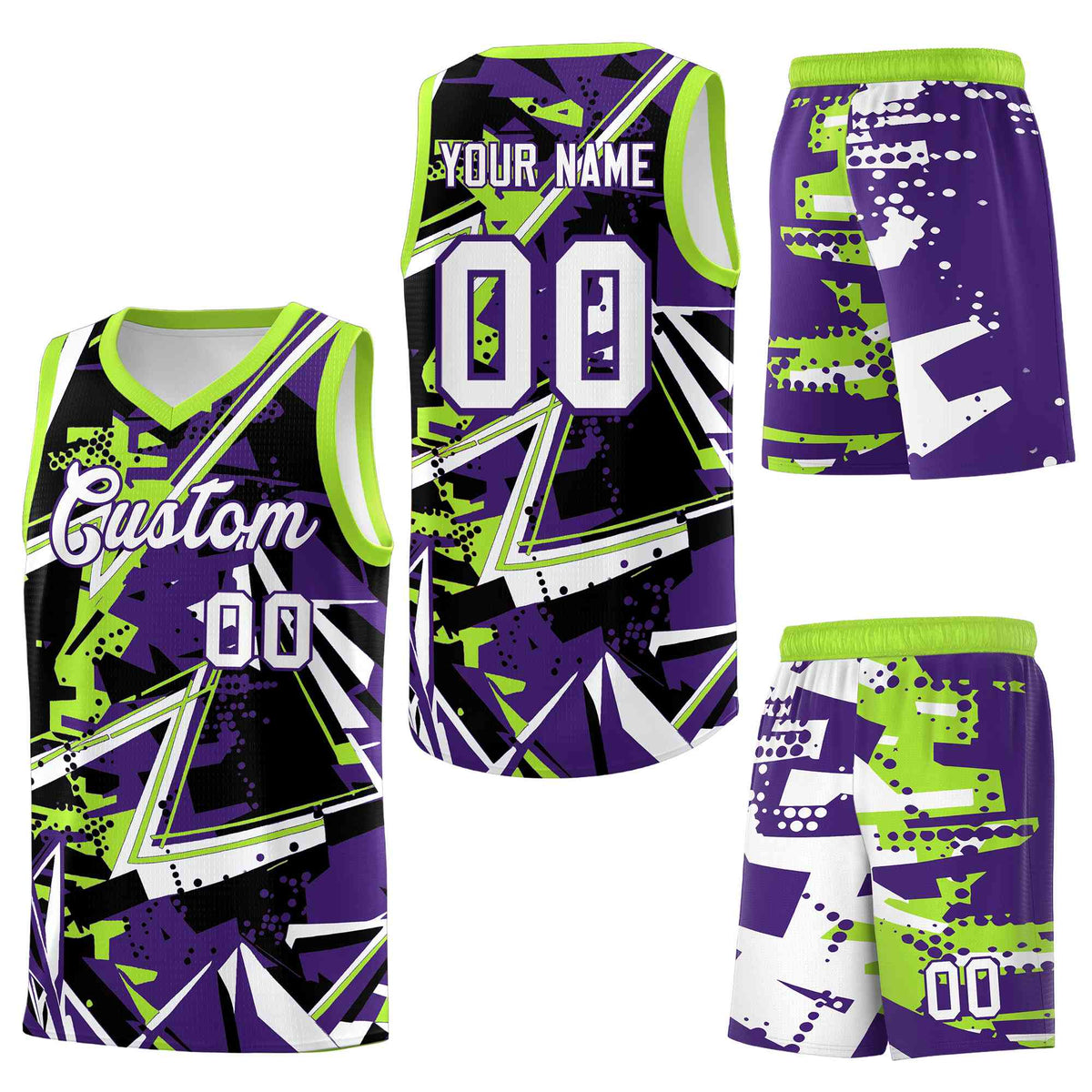 Custom Youth Basketball Jerseys Purple Neon Green Abstract Graffiti Personalized Team Name &amp; Number