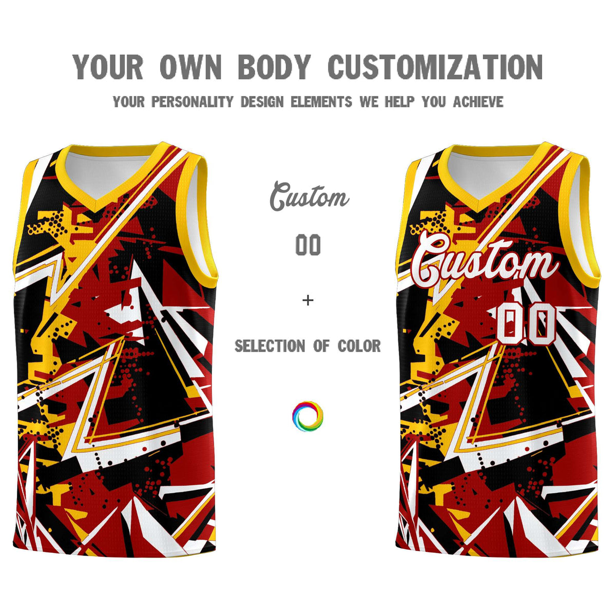 Custom Youth Basketball Jerseys Red Yellow Abstract Graffiti Personalized Street Style Uniform