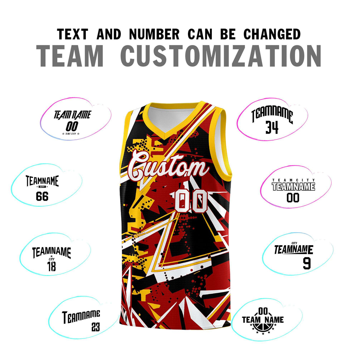 Custom Youth Basketball Jerseys Red Yellow Abstract Graffiti Personalized Street Style Uniform