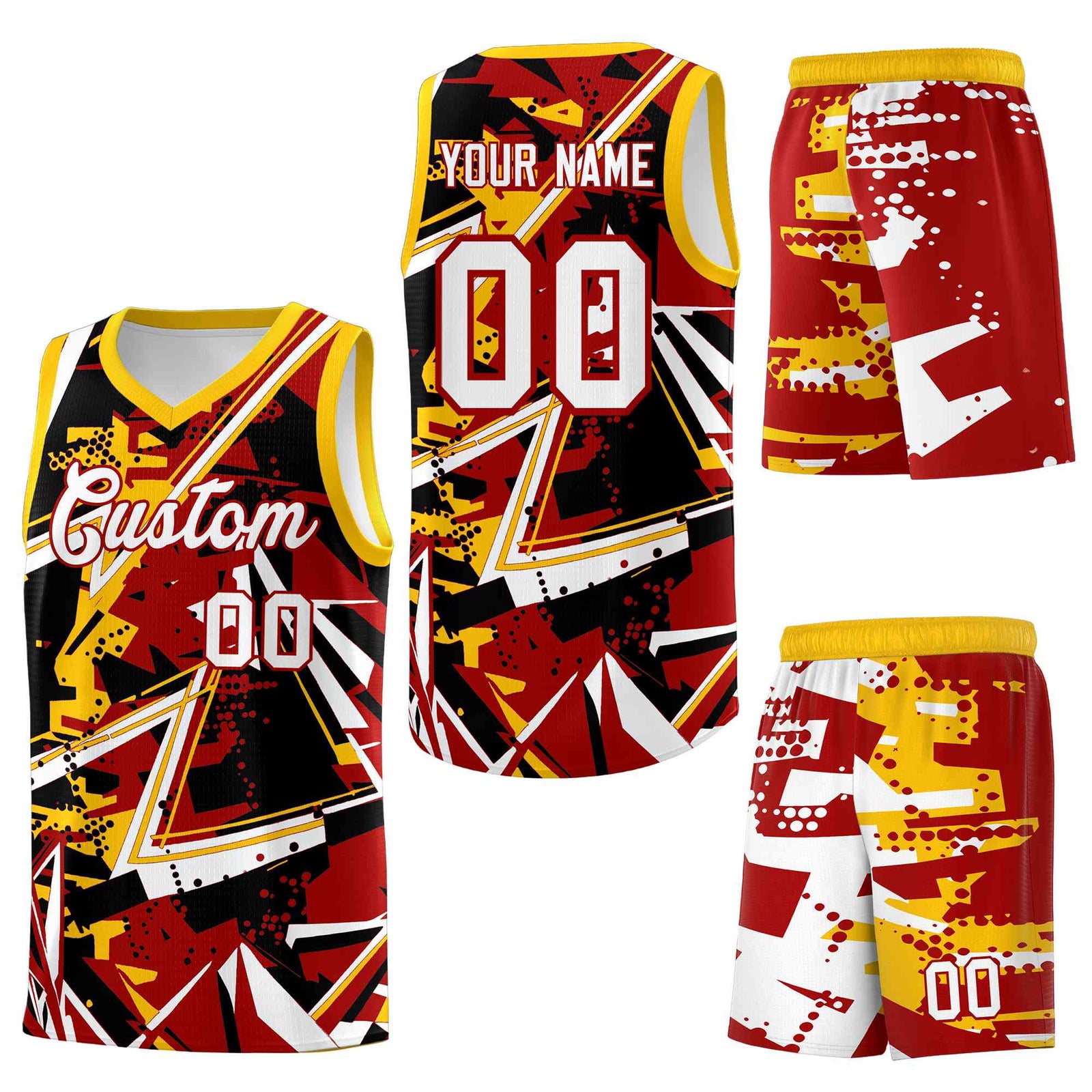 Custom Youth Basketball Jerseys Red Yellow Abstract Graffiti Personalized Street Style Uniform