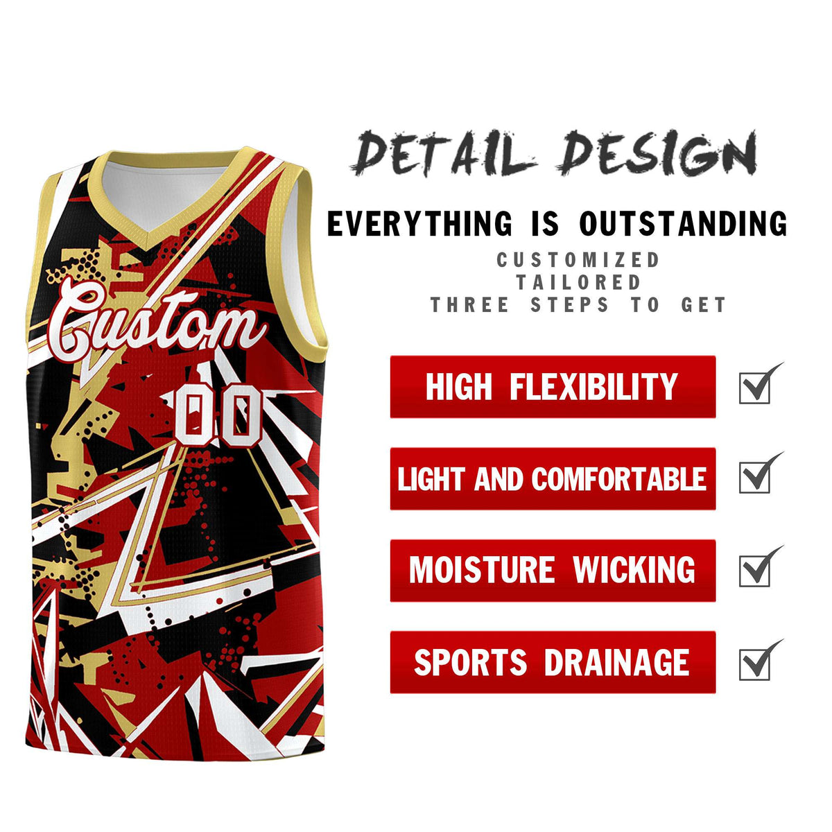 Custom Youth Basketball Jerseys Red Old Gold Abstract Graffiti Personalized Team Name &amp; Number