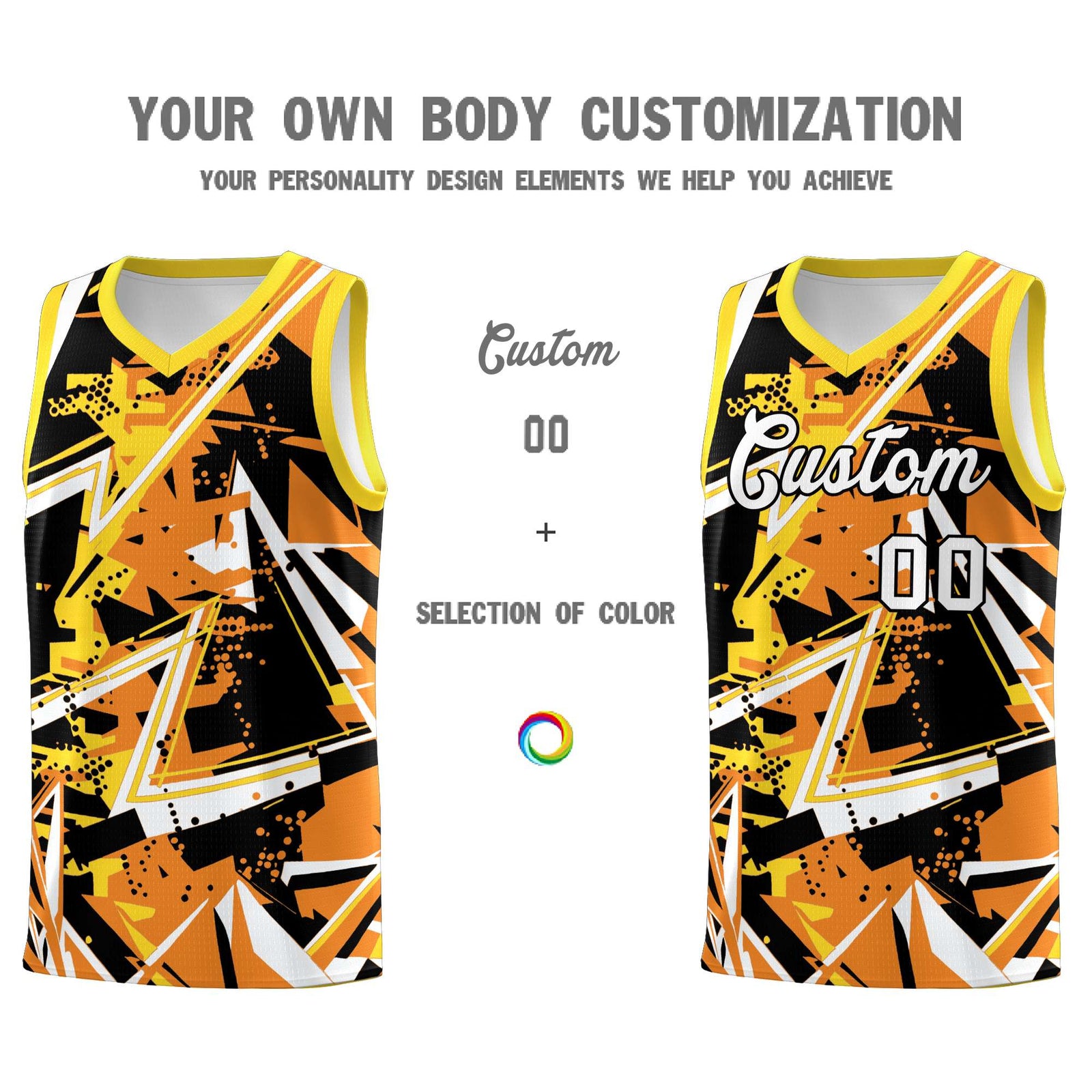 Custom Youth Basketball Jerseys Orange Gold Abstract Graffiti Personalized Street Style Uniform
