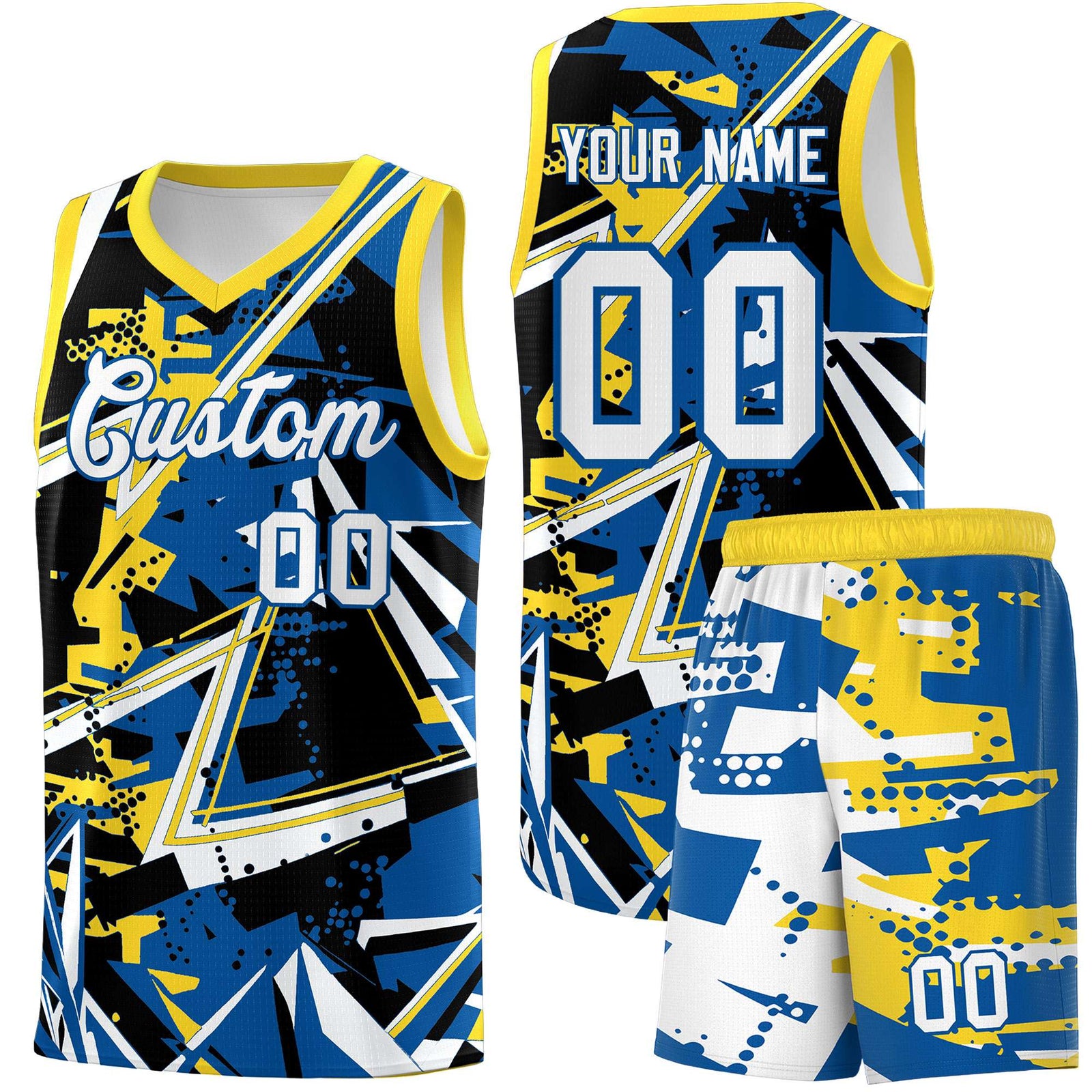Custom Youth Basketball Jerseys Royal Gold Abstract Graffiti Personalized Team Name & Number