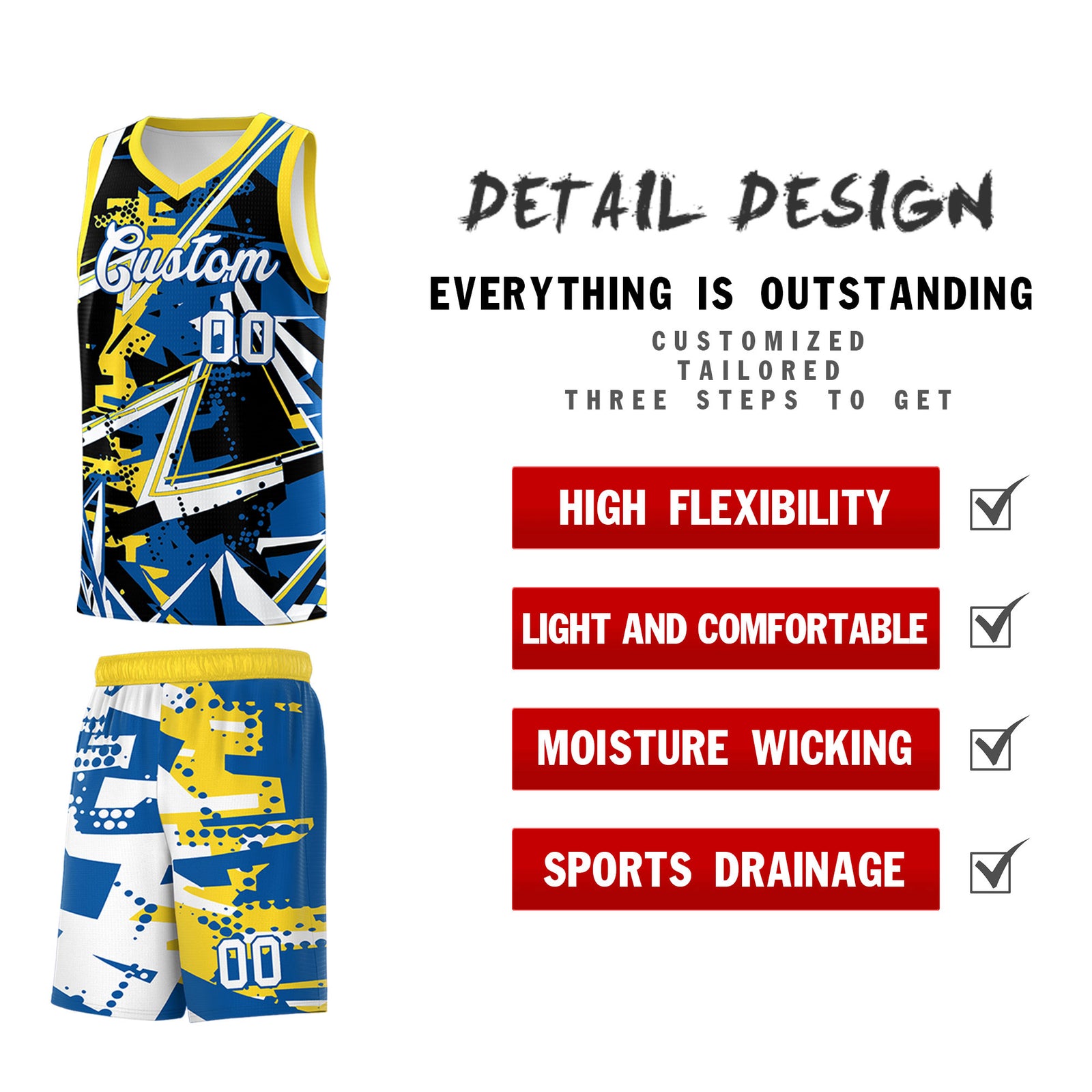 Custom Youth Basketball Jerseys Royal Gold Abstract Graffiti Personalized Team Name & Number