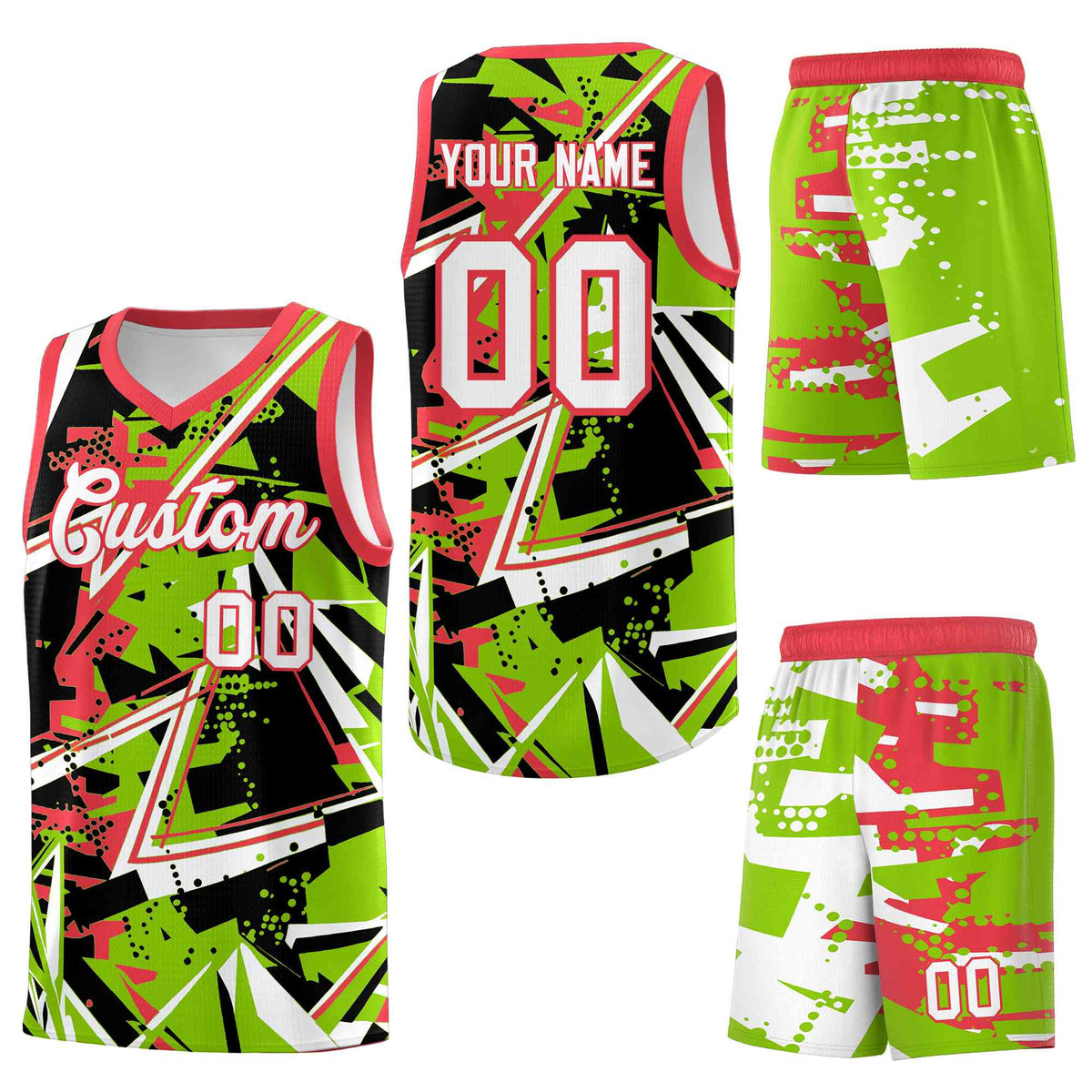 Custom Youth Basketball Jerseys Neon Green Light Red Abstract Graffiti Personalized Street Style Uniform