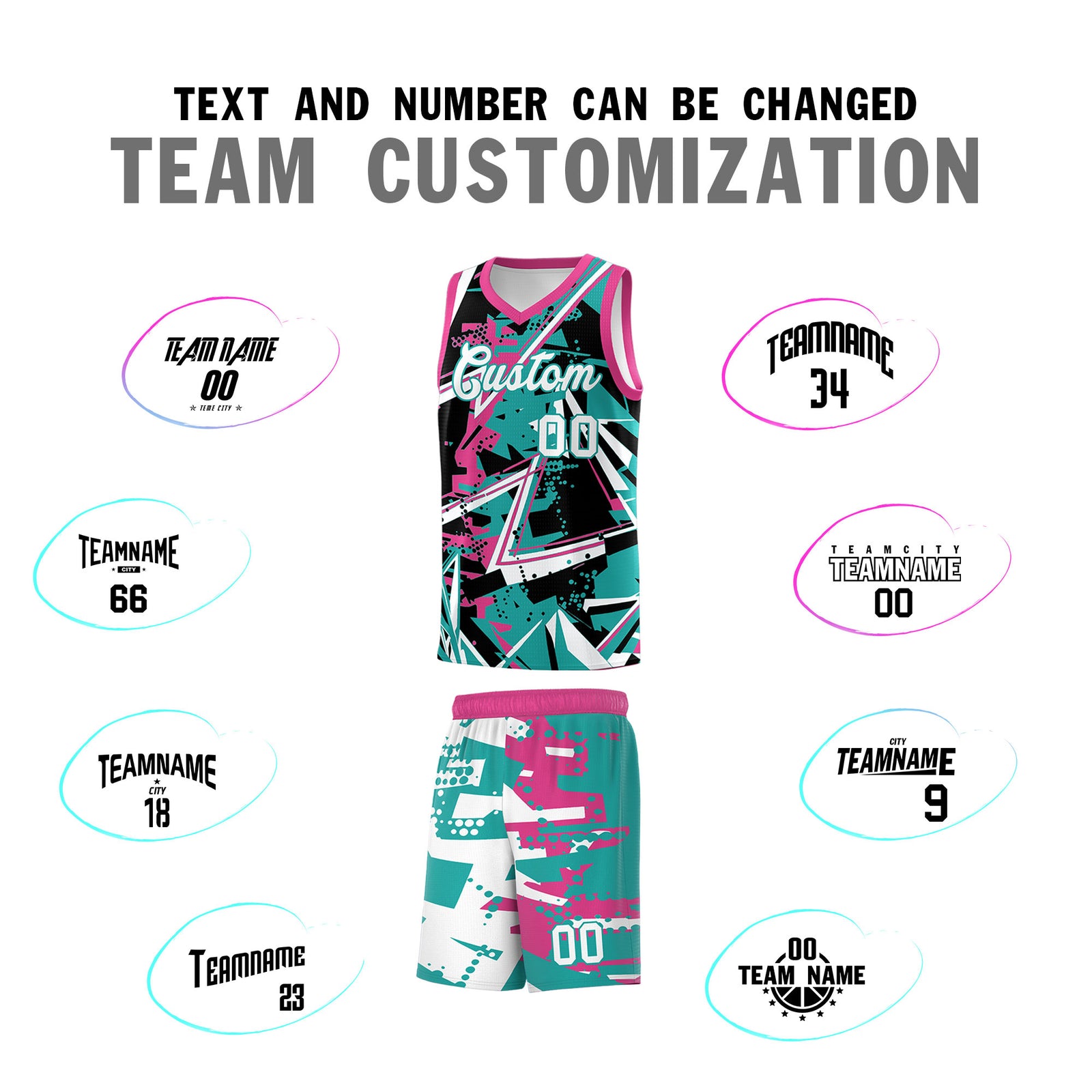 Custom Youth Basketball Jerseys Aqua Rose Red Abstract Graffiti Urban Style Personalized Uniform